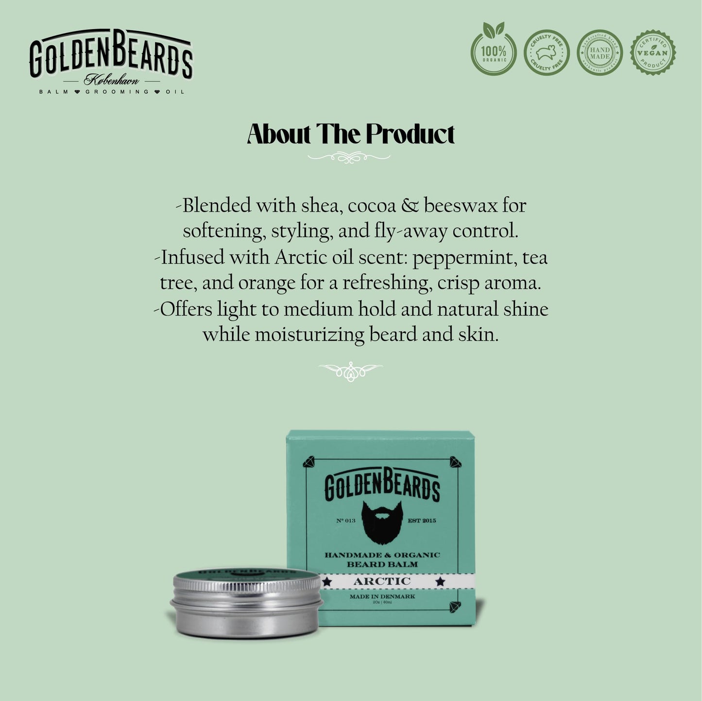 Golden Beards Organic Beard Balm Arctic - Shea, Cocoa & Beeswax Blend with Peppermint, Tea Tree & Orange Scent - 60ml Vegan Handmade Styling Balm Beauty and Personal Care Golden Beards Kobenhavn BALM GROOMING OIL