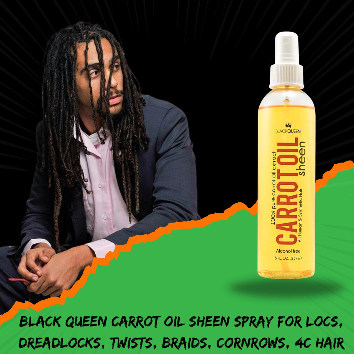 Black Queen Carrot Oil Sheen Spray for Locs, Dreadlocks, Twists, Braids, Cornrows, 4C Hair - Moisturizing, Refreshing - Made in the USA - 2oz - Pack