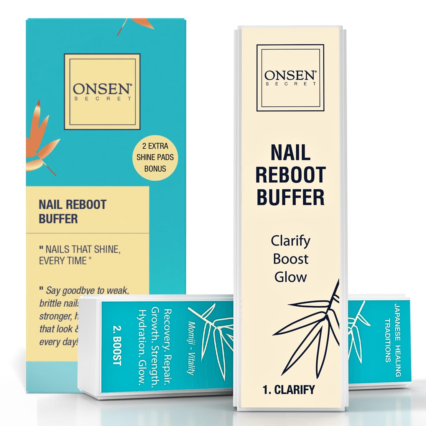 Onsen Secret Professional Nail Buffer Block | 4-Way Buffing for Natural Shine & Healthy Natural Nails - Includes 2 Extra Shine Pads, Salon-Quality Beauty & Personal Care MarvelsAura