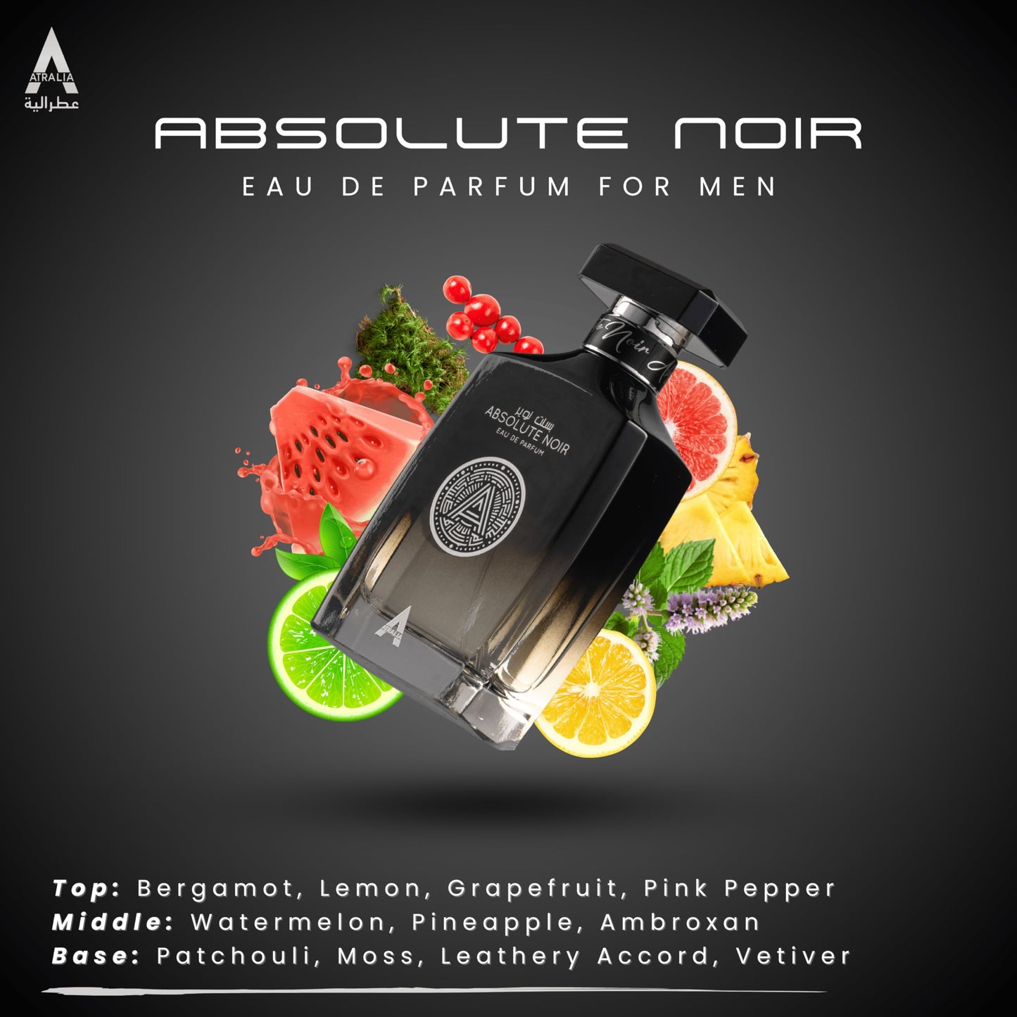 Atralia Absolute Noir Eau De Parfum for Men 100Ml 3.4Oz - Luxurious and Long Lasting Fragrances with Top Notes of Bergamot, Lemon, Grapefruit, Pink Beauty & Personal Care Atralia