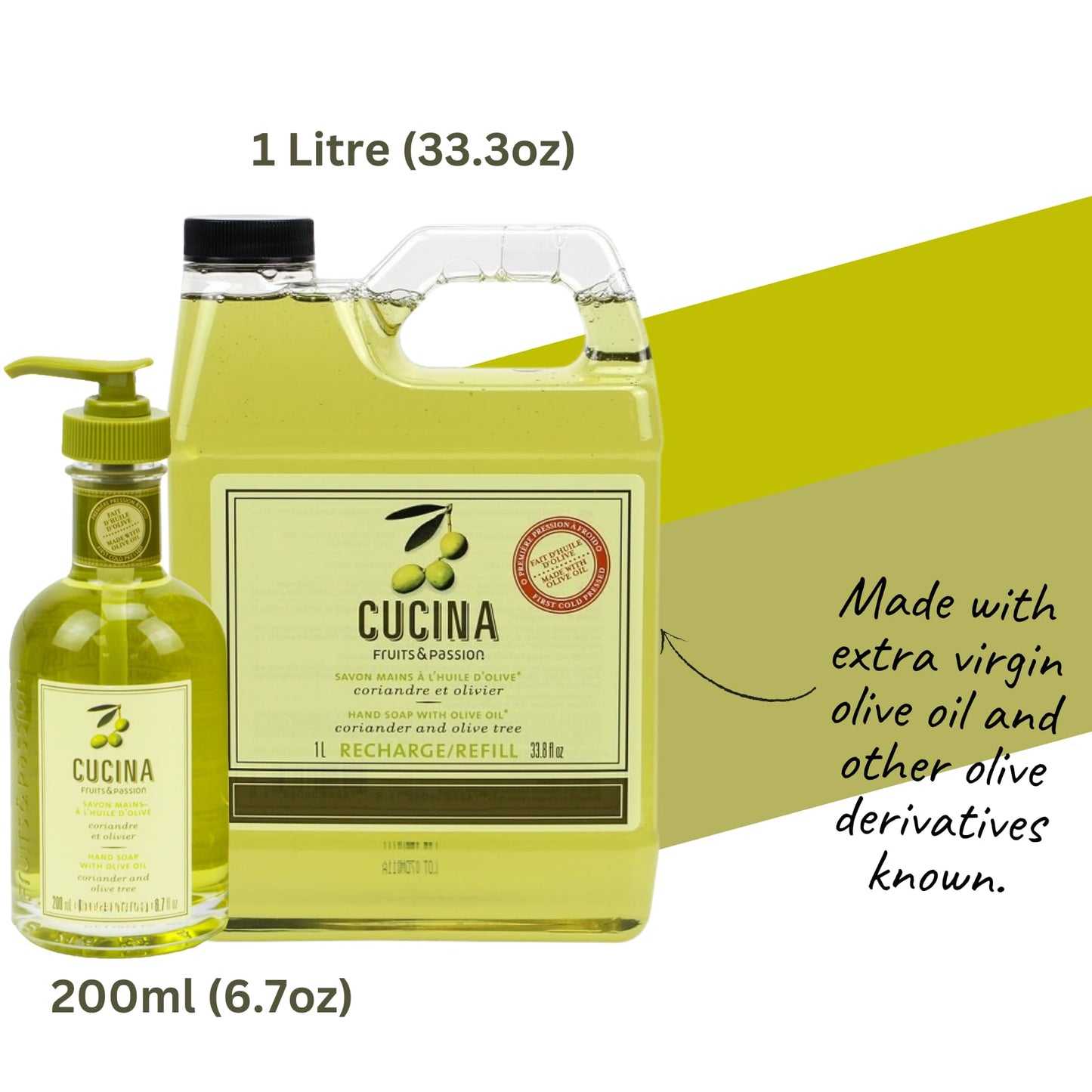 Cucina Fruits & Passion Coriander and Olive Tree Hand Soap Set, 6.7 fl oz Glass Bottle and 33.8 fl oz Refill, Made in Canada Beauty & Personal Care Cucina