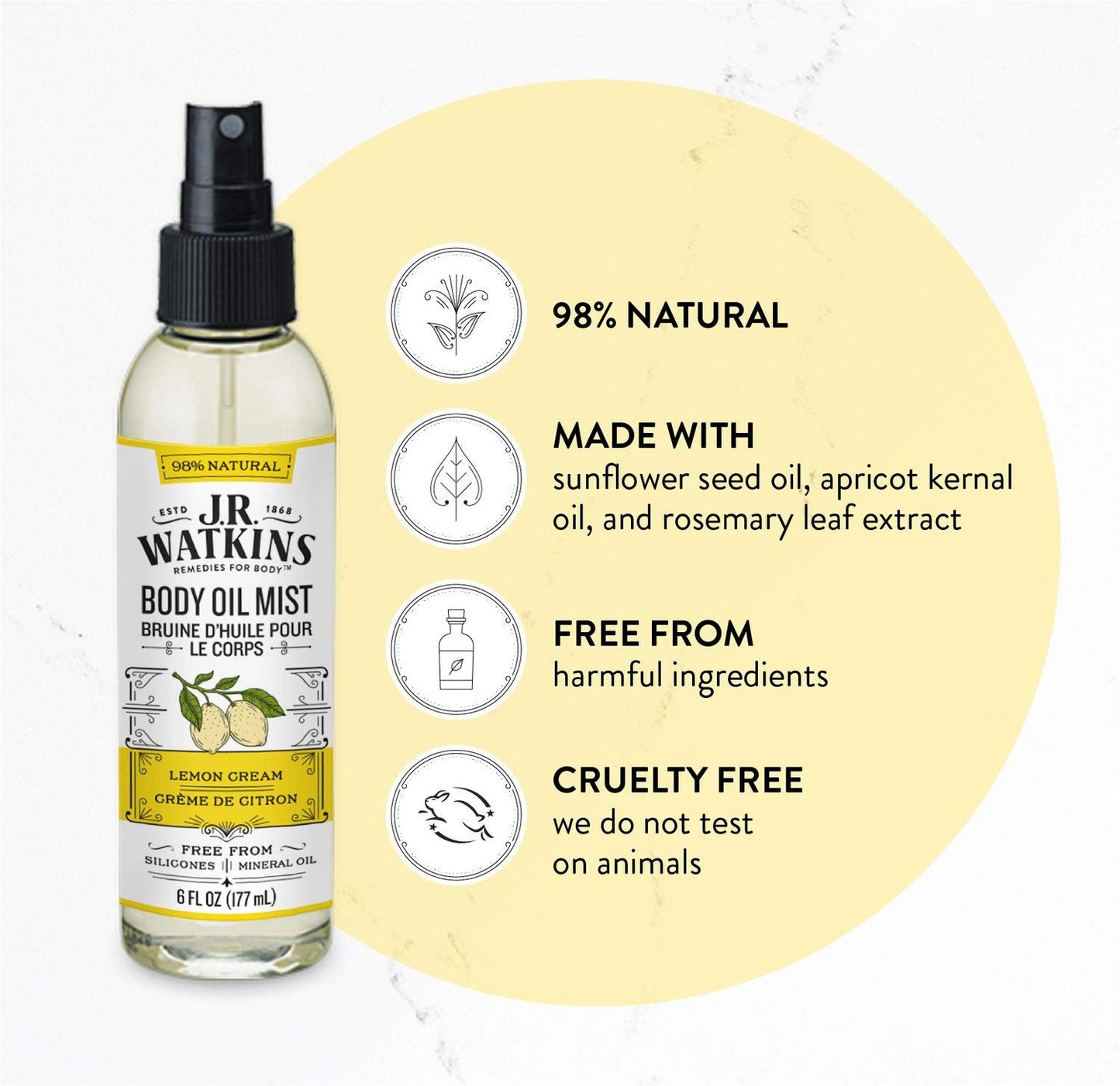 J.R. Watkins Natural Hydrating Body Oil Mist, Lemon Cream, Moisturizing Body Oil Spray for Glowing Skin, USA Made and Cruelty Free, 6 fl oz, Single Beauty & Personal Care J.R. Watkins