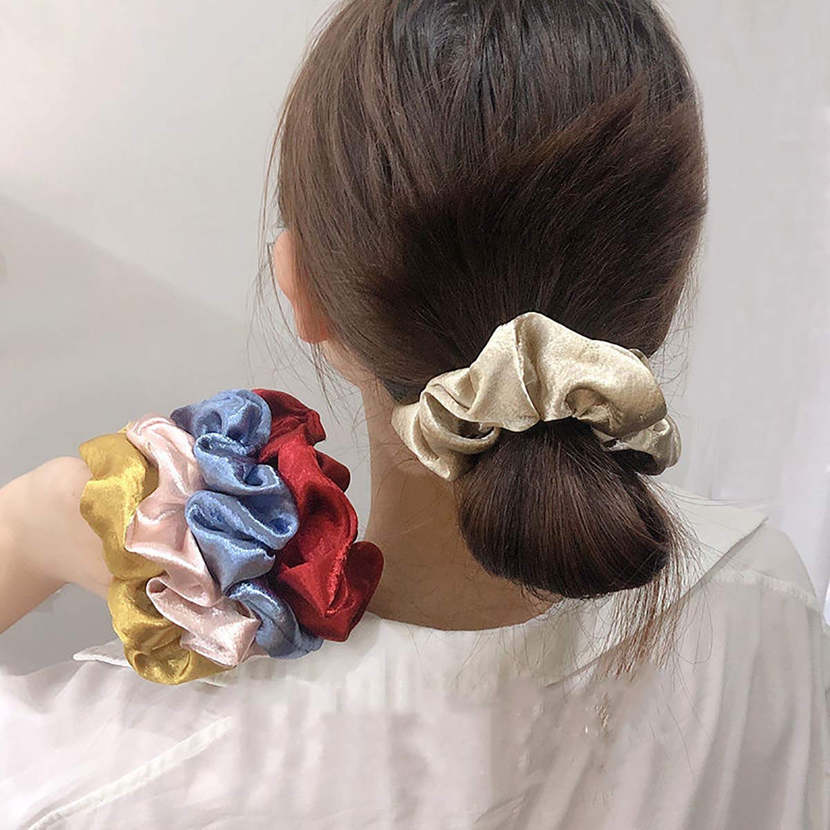 OCheng 9Pcs Silk Satin Hair Scrunchies Metallic Gold Silver Grey Scrunchie Hair Bobbles Ponytail Holder Brown Black Scrunchy Ropes Strong Elastic Hair