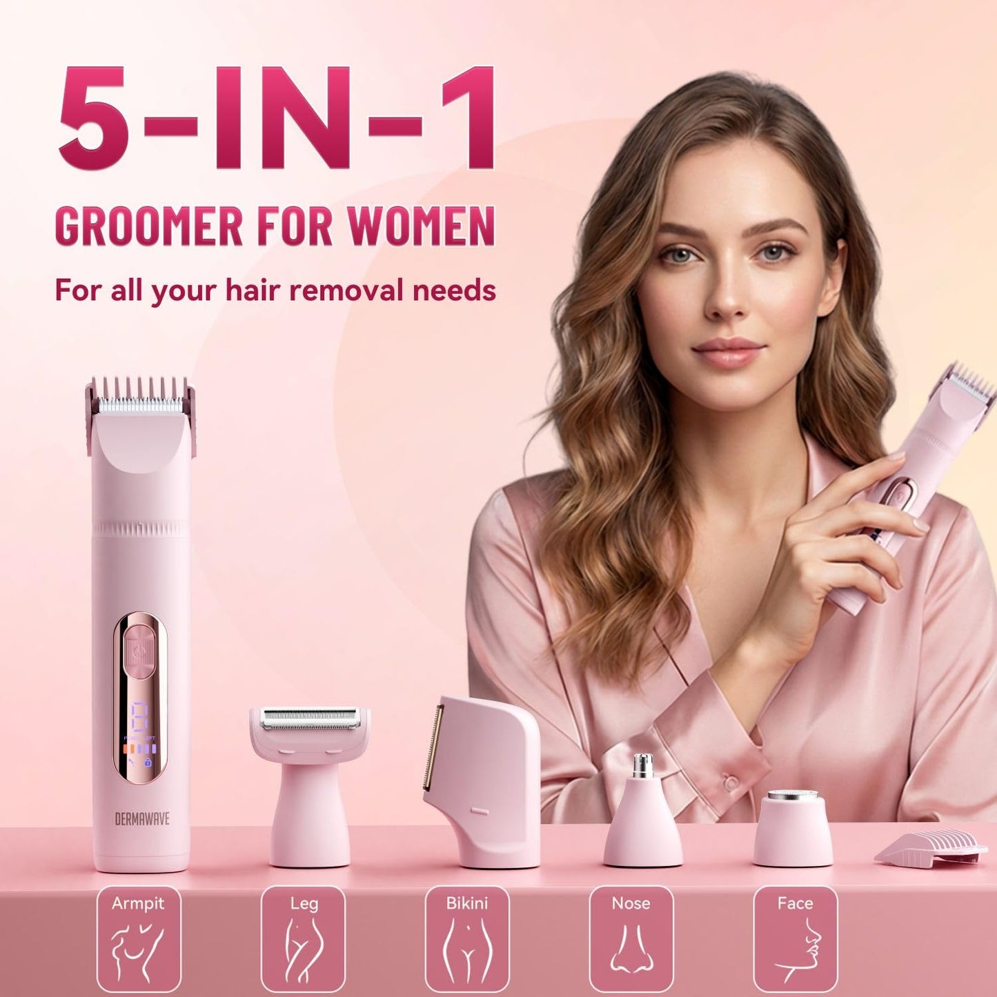 DERMAWAVE 5-in-1 Electric Bikini Trimmer for Women Pubic Hair, Waterproof Electric Razor Foil Shaver Hair Trimmer Epilator for Face, Nose, Ear, Bikini Beauty and Personal Care DERMAWAVE
