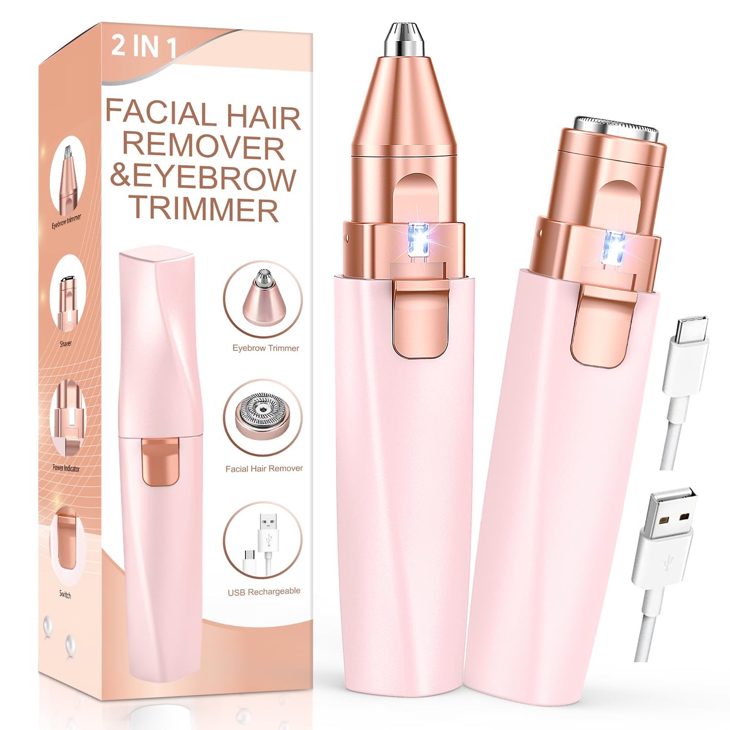Eyebrow Trimmer Facial Hair Removal for Women: 2 in 1 Rechargeable Facial Hair Remover & Eyebrow Razor, Electric Painless Face Shaver for Women Beauty and Personal Care IFANZETECH