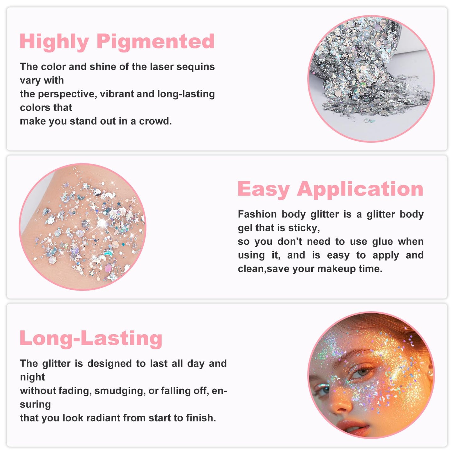 Pink Body Glitter Gel for Face, Hair and Makeup - Festival Rave Chunky Sparkling Halloween Glitter for Women Beauty & Personal Care VPCRT6