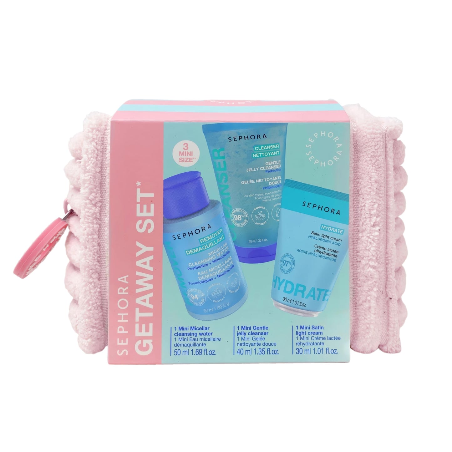 Sephora Collection Getaway Mini Essentials Set with Pouch - Satin Cream, Micellar Water & Jelly Cleanser - Travel Size Skincare Beauty & Personal Care SEPHORA
