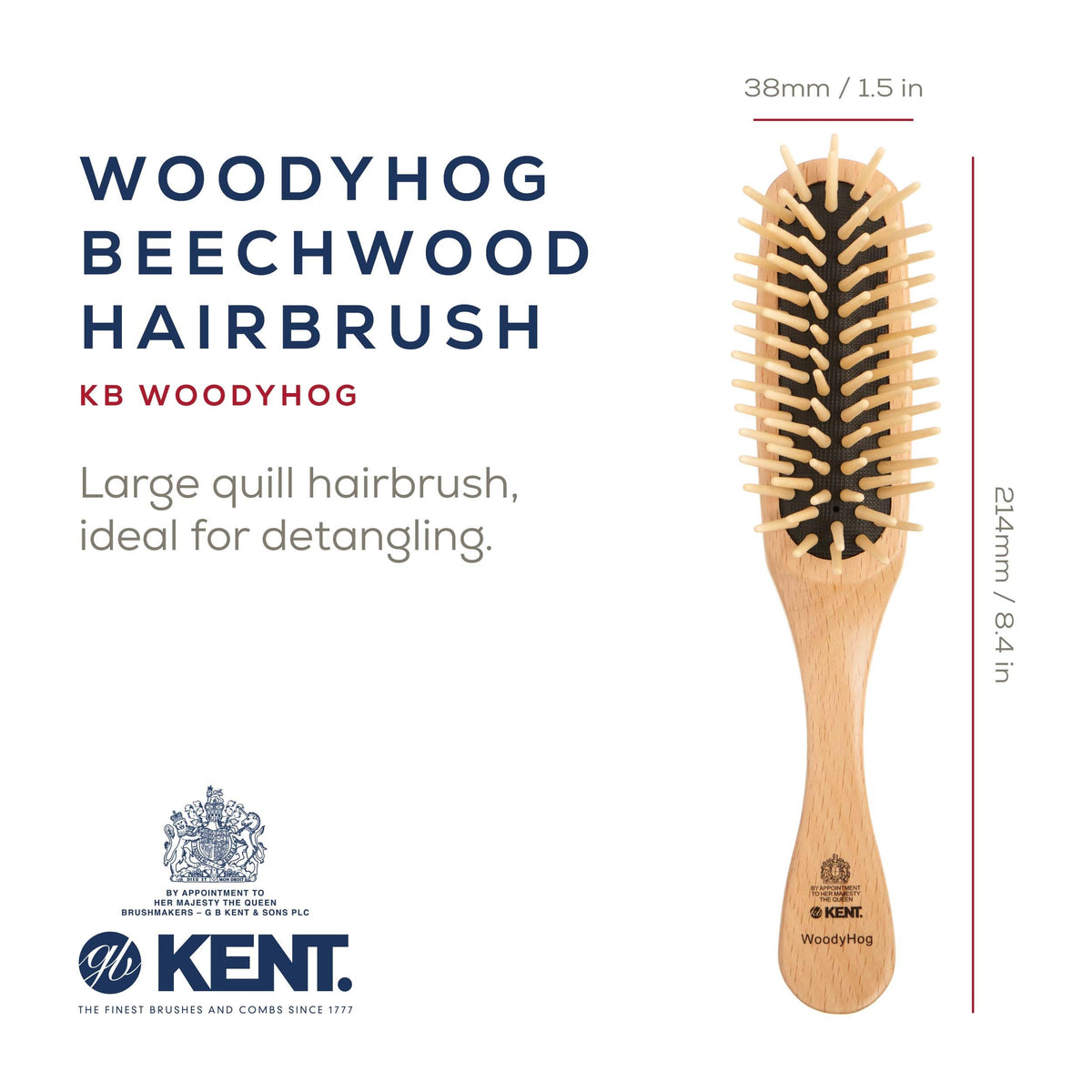 Kent KB Woodyhog Travel Size Detangling Brush Beech-wood, Firm Rounded Wooden Bristles, Natural Cushion Detangler Wooden Hair Brush for Women Men and