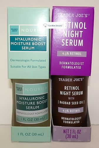 Trader Joe’s Nourish Hyaluronic Moisture Boost Serum & Retinol Night Serum with Baobab Seed Oil 1fl oz 30ml (Two Bottles) Beauty & Personal Care Trader Joe's