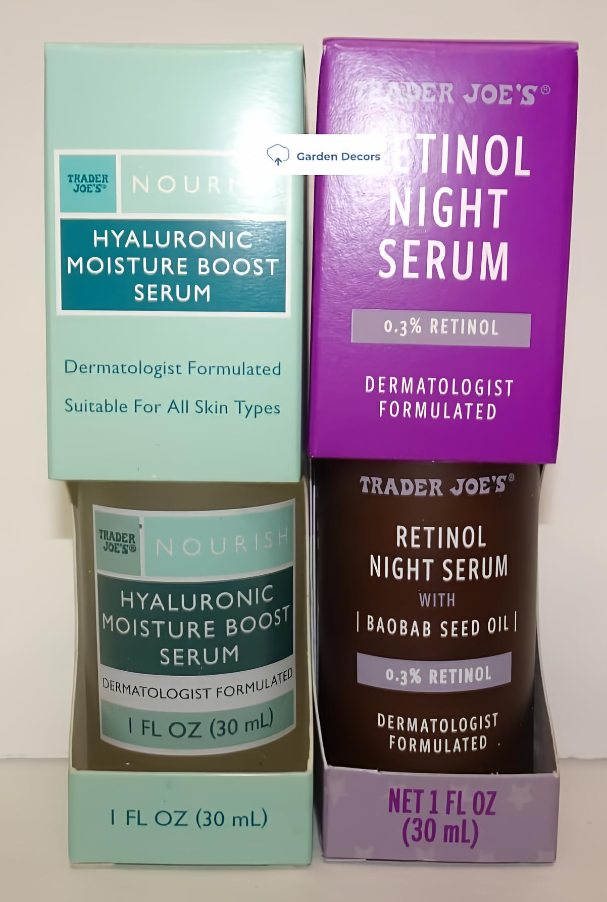 Trader Joe’s Nourish Hyaluronic Moisture Boost Serum & Retinol Night Serum with Baobab Seed Oil 1fl oz 30ml (Two Bottles) Beauty & Personal Care Trader Joe's