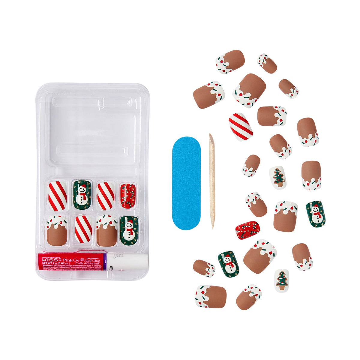 KISS Voguish Fantasy Holiday Press On Nails, ‘Snow Pops’, Multicolor, Short Squoval, No Damage To Natural Nails, Pink Gel Nail Glue (2g), Mini Nail