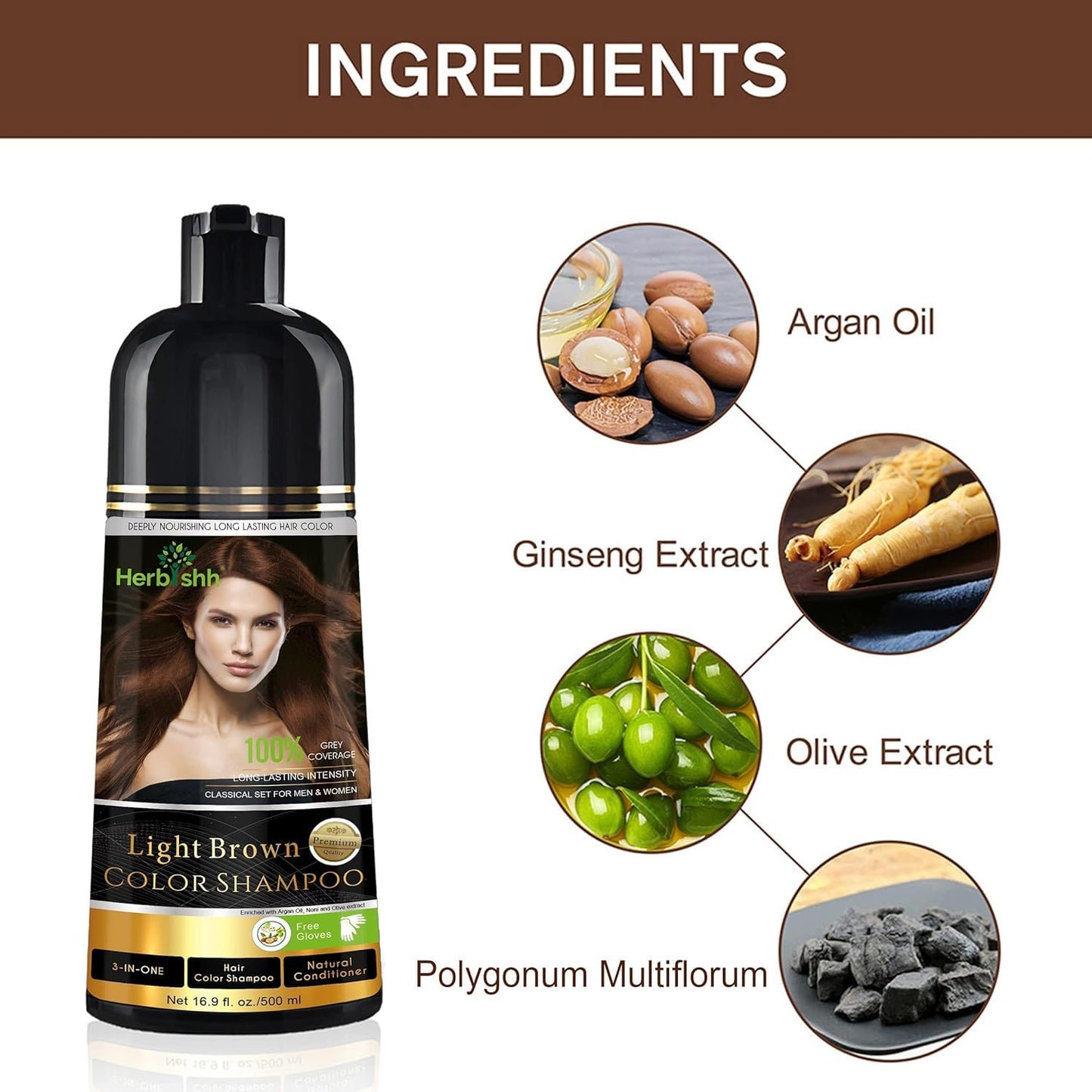 Herbishh Color Shampoo for Gray Hair Coverage (Light Brown) -Hair Dye 3-in-1 Shampoo- Colors in Minutes - Lasts Up To 2-3 Weeks - 500 mL - Ideal Beauty and Personal Care Herbishh