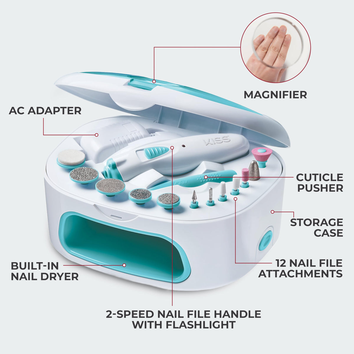 Kiss Professional, Electric Nail Drill/Electric Nail File & Nail Dryer System, Includes 12 attachments, Cuticle Pusher, A/C Adapter, Storage case