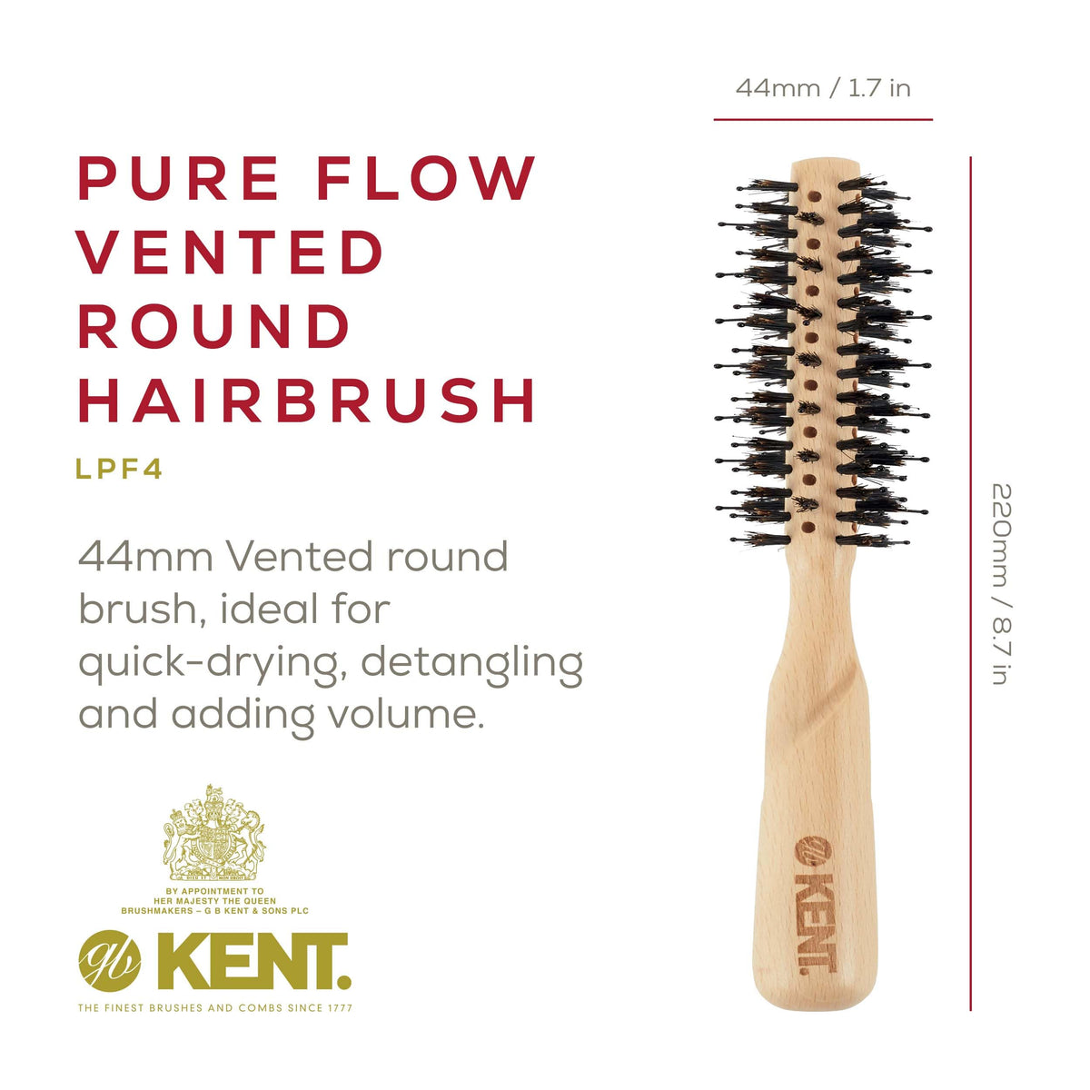 Kent LPF4 Pure Flow Small Vented Round Brush for Blow Drying - FSC Certified Beech Wood Brush Filled with Natural Boar Bristle and Nylon Bristle Hair