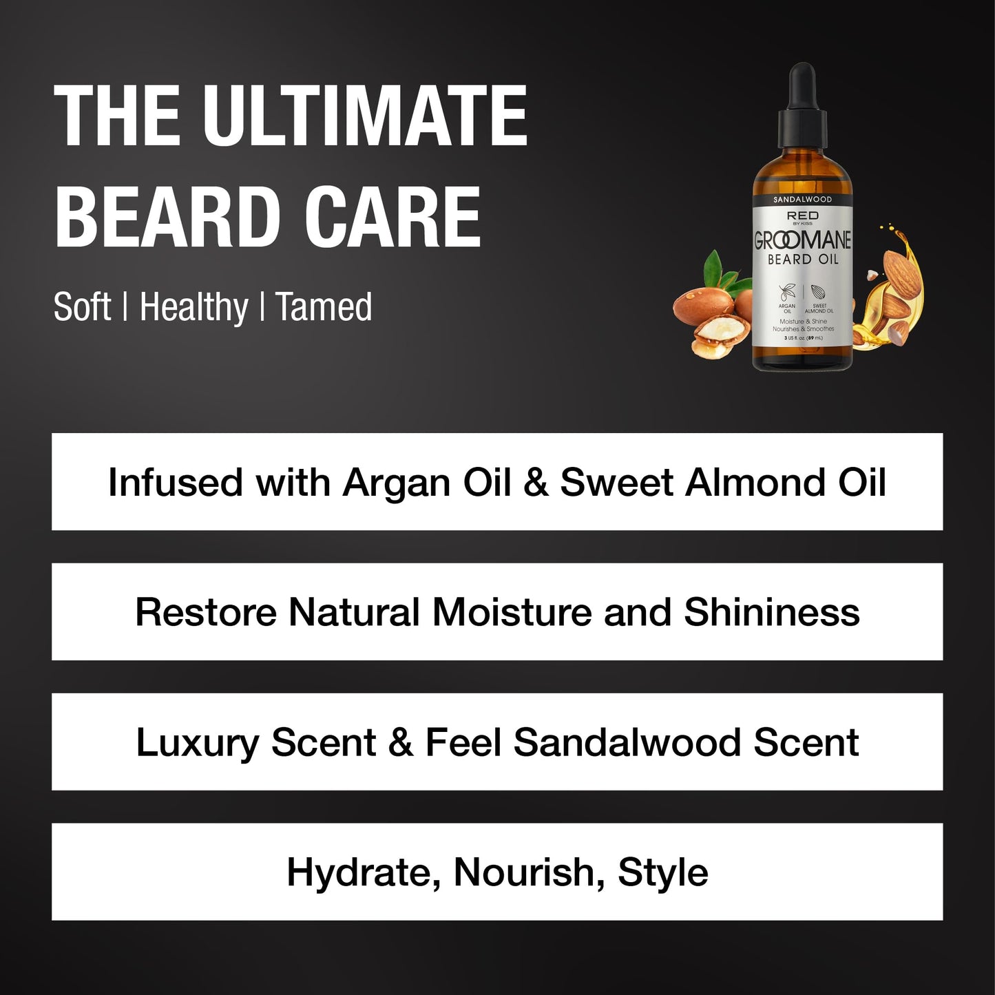 Red by Kiss Groomane Beard Oil, Argan Oil & Sweet Almond Oil, Paraben & Phthalate-Free, Hydrates, Softens Healthy Smooth Beard Hair (3 fl.oz Beauty and Personal Care Red by Kiss