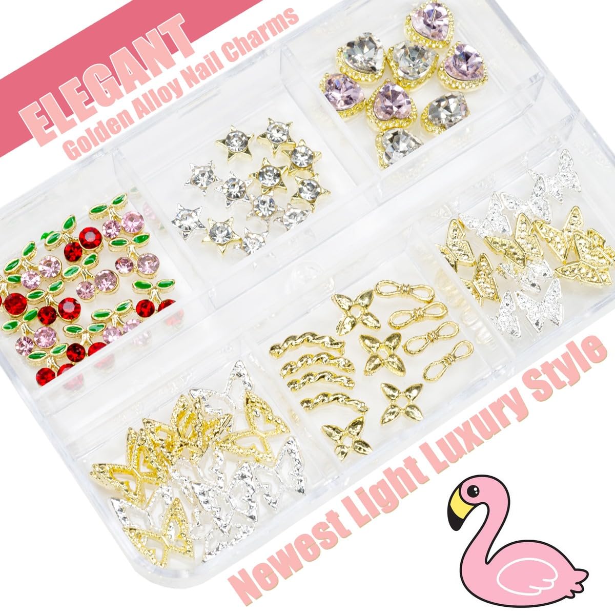 qiipii 56 Pcs Cute Charms for Nails Cherry Butterfly Heart Star Kawaii Crystals Pink Red Rhinestones Gems Golden Silver 3D Alloy Studs Nail Art Charms