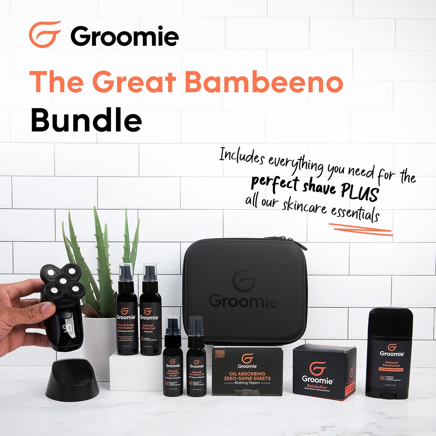 Groomie Mens Grooming Bundle - BaldiePro Electric Head Shaver for Bald Men Includes Travel Case, Charging Dock & Accessory Kit - Deodorant, Scalp Beauty and Personal Care Groomie