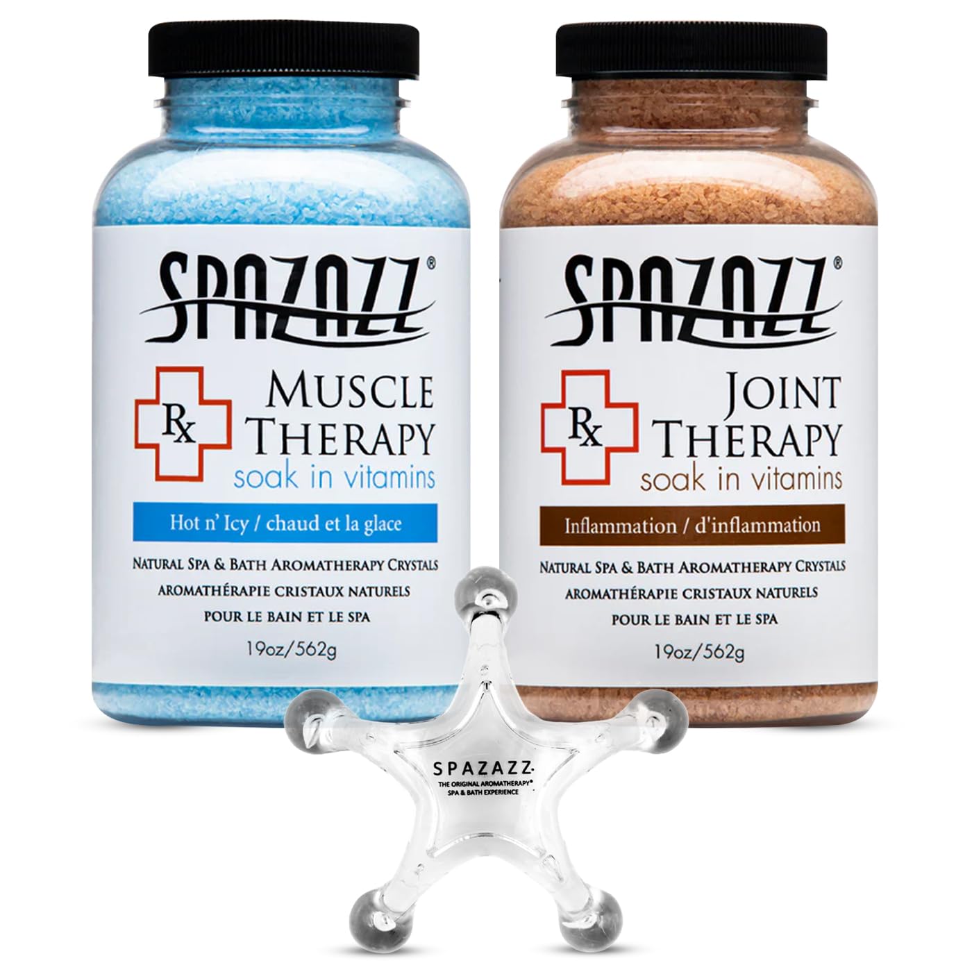 Spazazz Hot Tub Aromatherapy Spa and Bath Salts Crystals 2 Pack Bundle- One 19 Oz Jar Each Spazazz Muscle Therapy and Joint Therapy Plus a 5 Point Beauty and Personal Care Spazazz