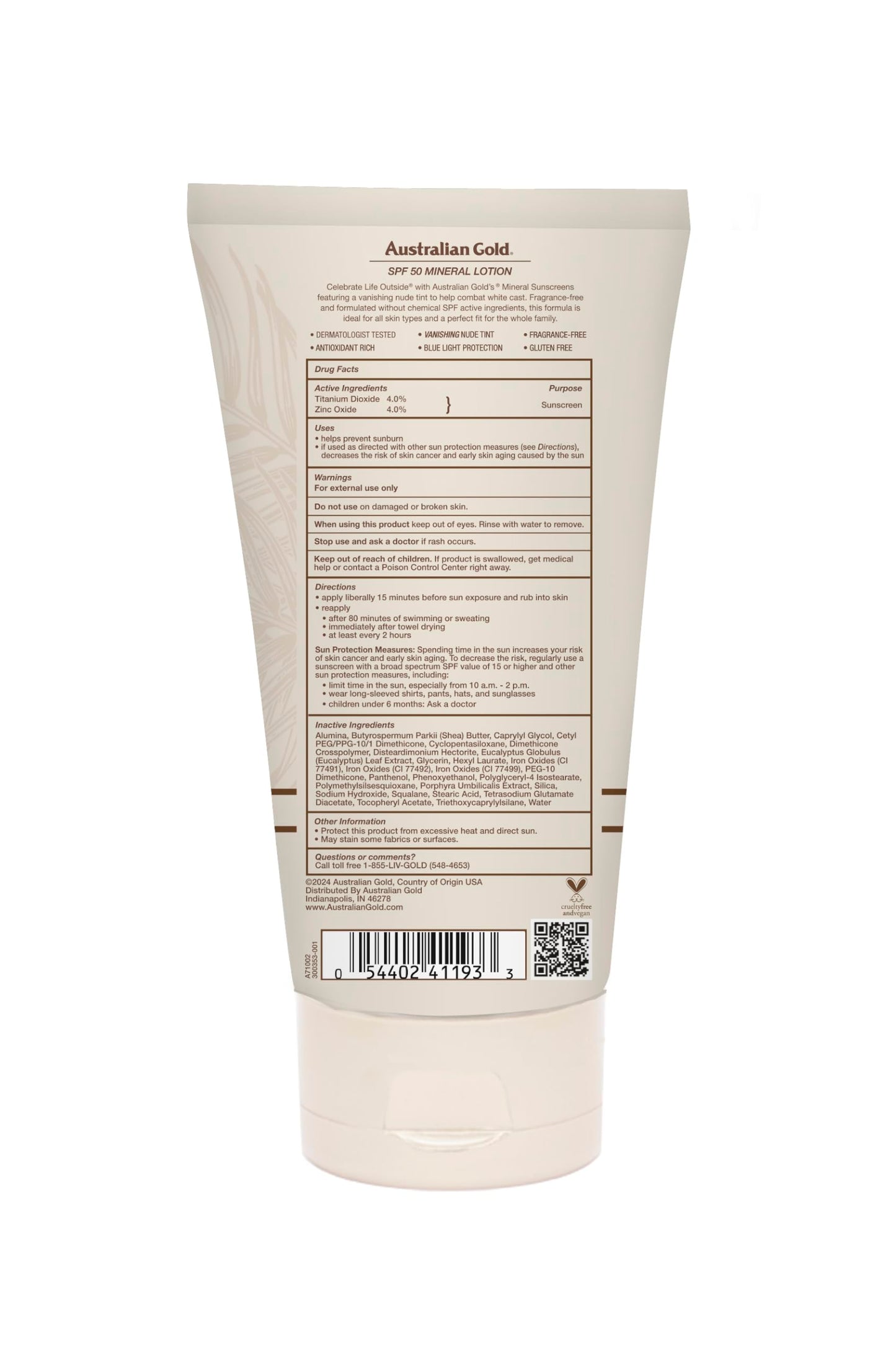 Australian Gold SPF 50 Mineral Sunscreen, 5 fl oz, Broad Spectrum Tinted Sunscreen, Gentle Protection for Every Shade, Vanishing Nude Tint, Blue Light Beauty & Personal Care Australian Gold