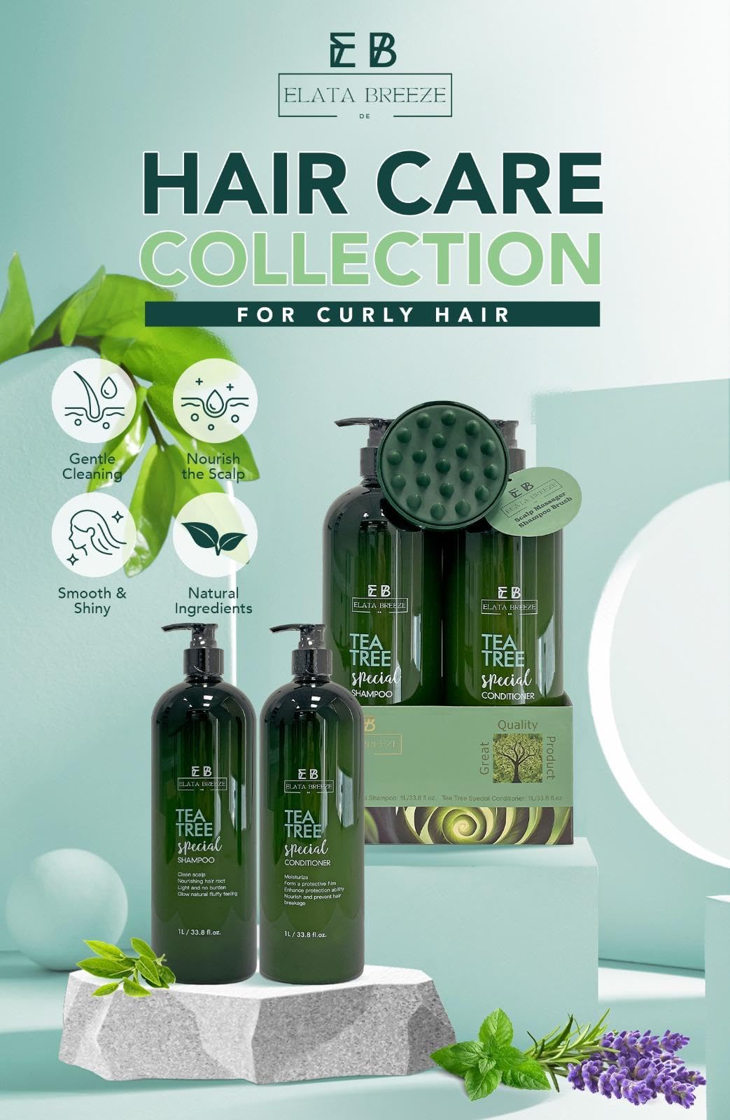 Peppermint Tea Tree Special Shampoo and Conditioner Set (33.8 0z)- Elata de Breeze with Scalp Massager Brush | Soothes Itchy Scalp, Deep Cleans Beauty & Personal Care Elata De Breeze