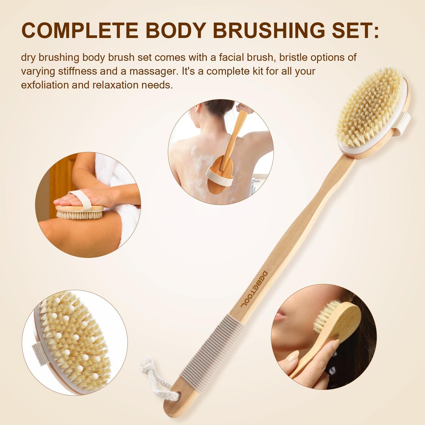 DEBETOOL Dry Brushing Set - Natural Boar Bristle Body & Face Brush, Wooden Long Handle Scrub Brush for Cellulite & Lymphatic Drainage Body Care Beauty and Personal Care DEBETOOL