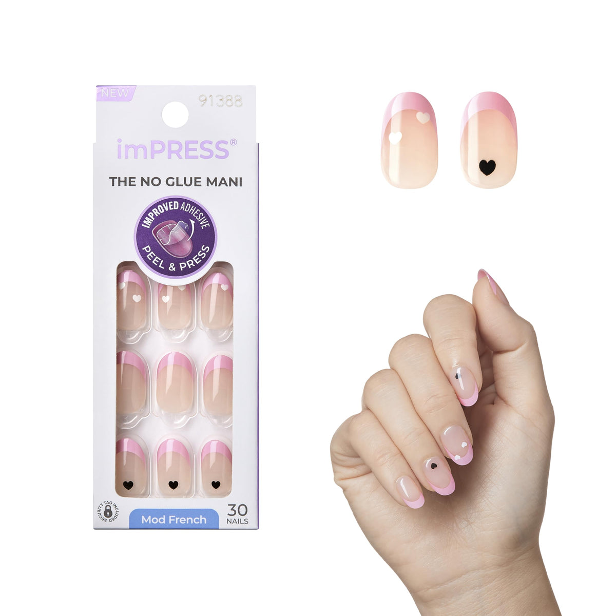 KISS imPRESS No Glue Mani Press On Nails, French, 'Ditto', Light Neutral + Pink Tip French, Short Size, Oval Shape, Includes 30 Nails, Prep Pad