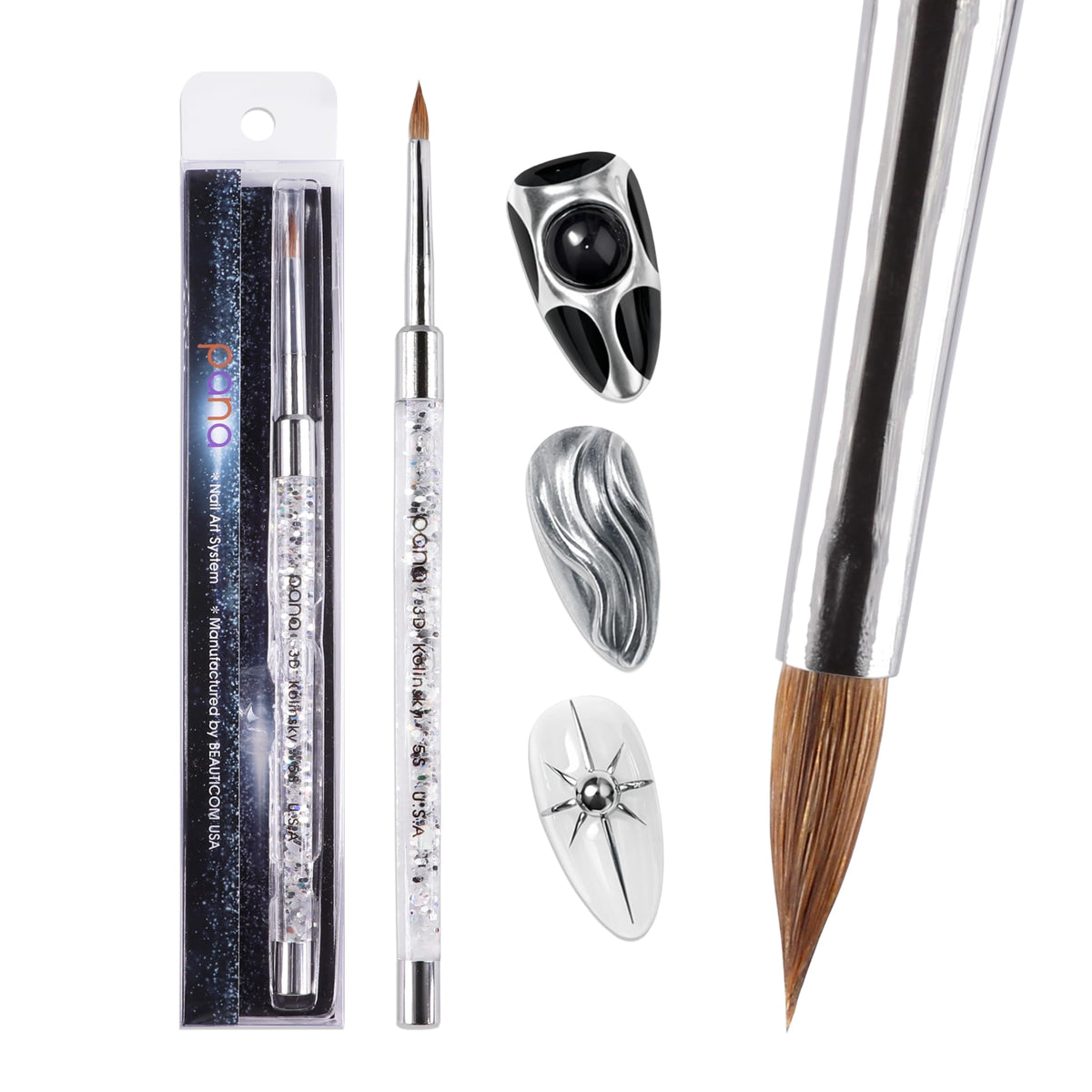 PANA 3D Kolinsky Nail Art Brush - Silver Glitter Handle, Size 5 - Acrylic Nail Art Sculpture Brush for Manicures Pedicure Salon Professional or