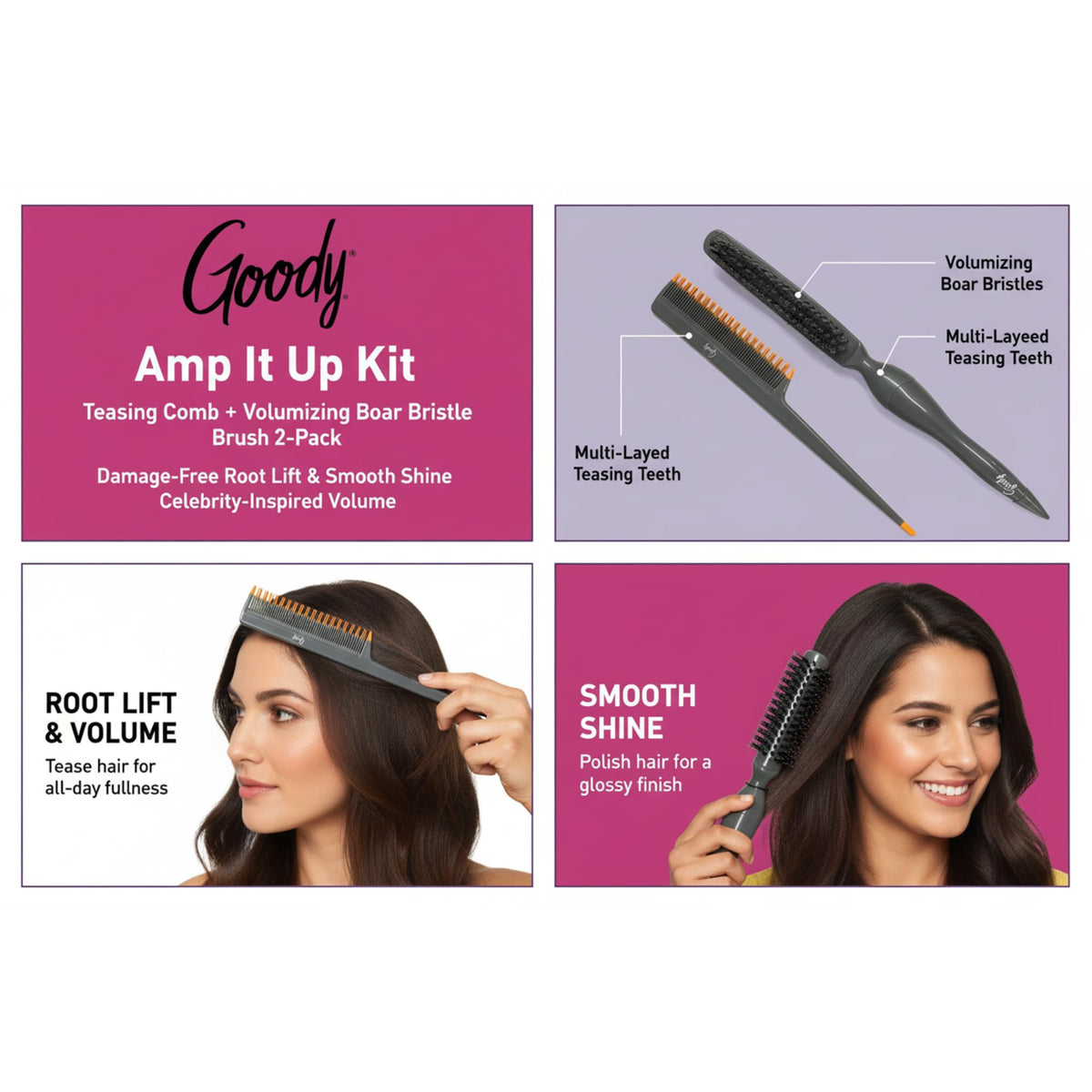 Goody Volume Boost Teasing Brush & Comb Set | Boar Bristle Damage-Free Root Lift & Backcombing Tool for Volumizing & Texture | Works on All Hair Types Beauty & Personal Care GOODY