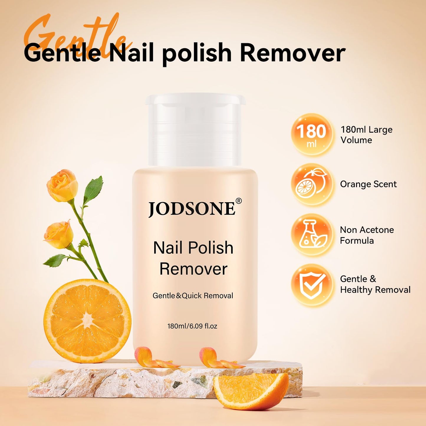 JODSONE Non-Acetone Nail Polish Remover, 6.09 Fl.Oz Orange Scent Nail Polish Remover,Gentle & Nail-friendly with Vitamin E & Aloe,Push-down Pump,Easy Beauty and Personal Care JODSONE