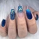 MISUD Press on Nails - Medium Coffin Glue on Nails with Blue Ombre, Acrylic Bling Glitter Design 24 pcs Beauty & Personal Care MISUD