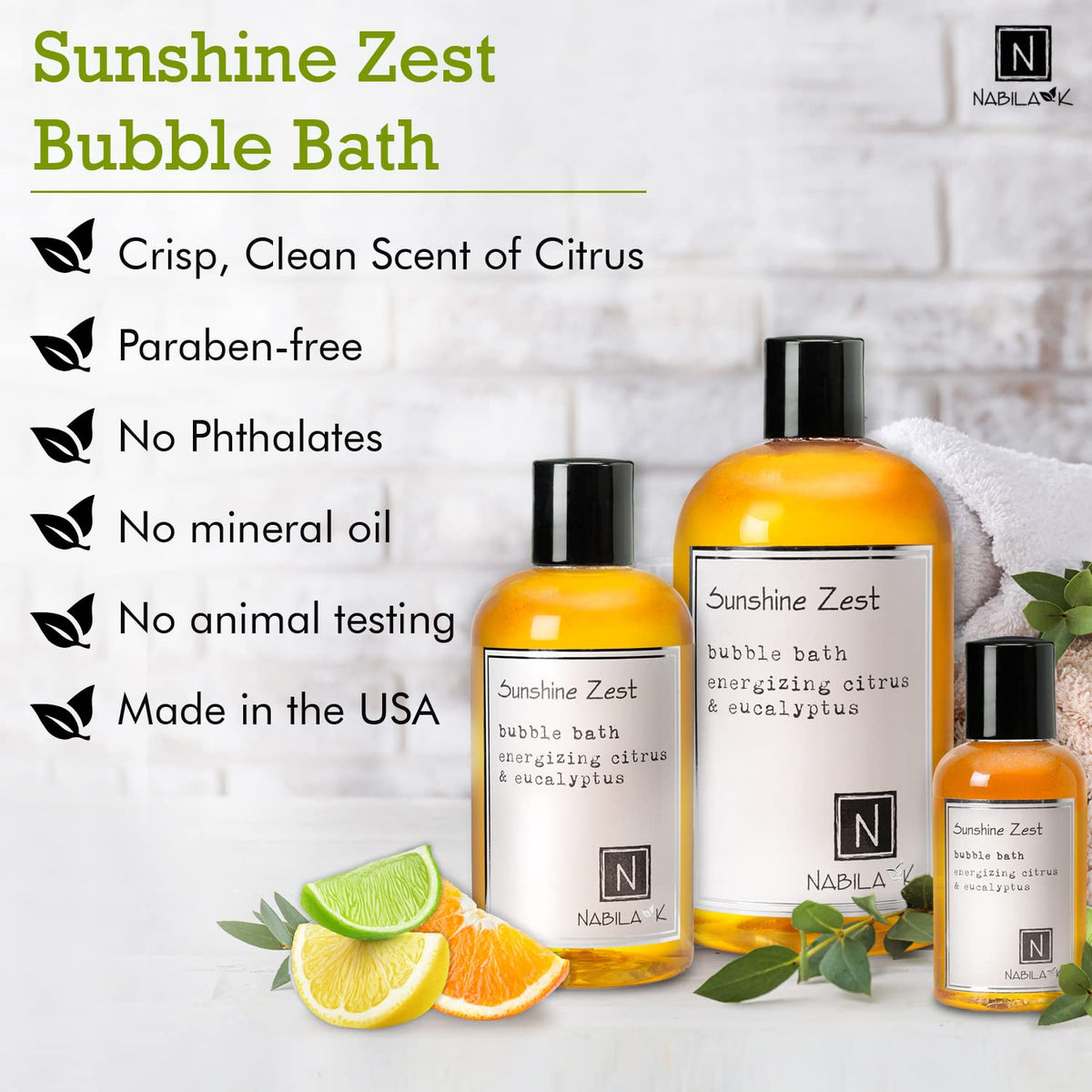 Sunshine Zest Travel Size Bubble Bath with Citrus & Eucalyptus Scent by Nabila K - Essential Oils, Natural Ingredients for Sensitive Skin, Gentle Beauty & Personal Care Nabila K