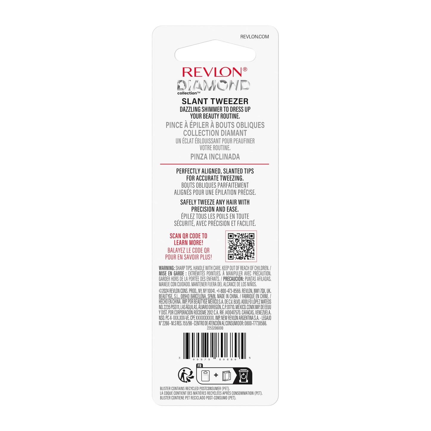 Revlon Diamond Collection Slanted Tip Tweezers, Ultra-Sharp for Precision Eyebrow Shaping and Facial Hair Removal, Stocking Stuffer for Women, 1 count Beauty & Personal Care REVLON