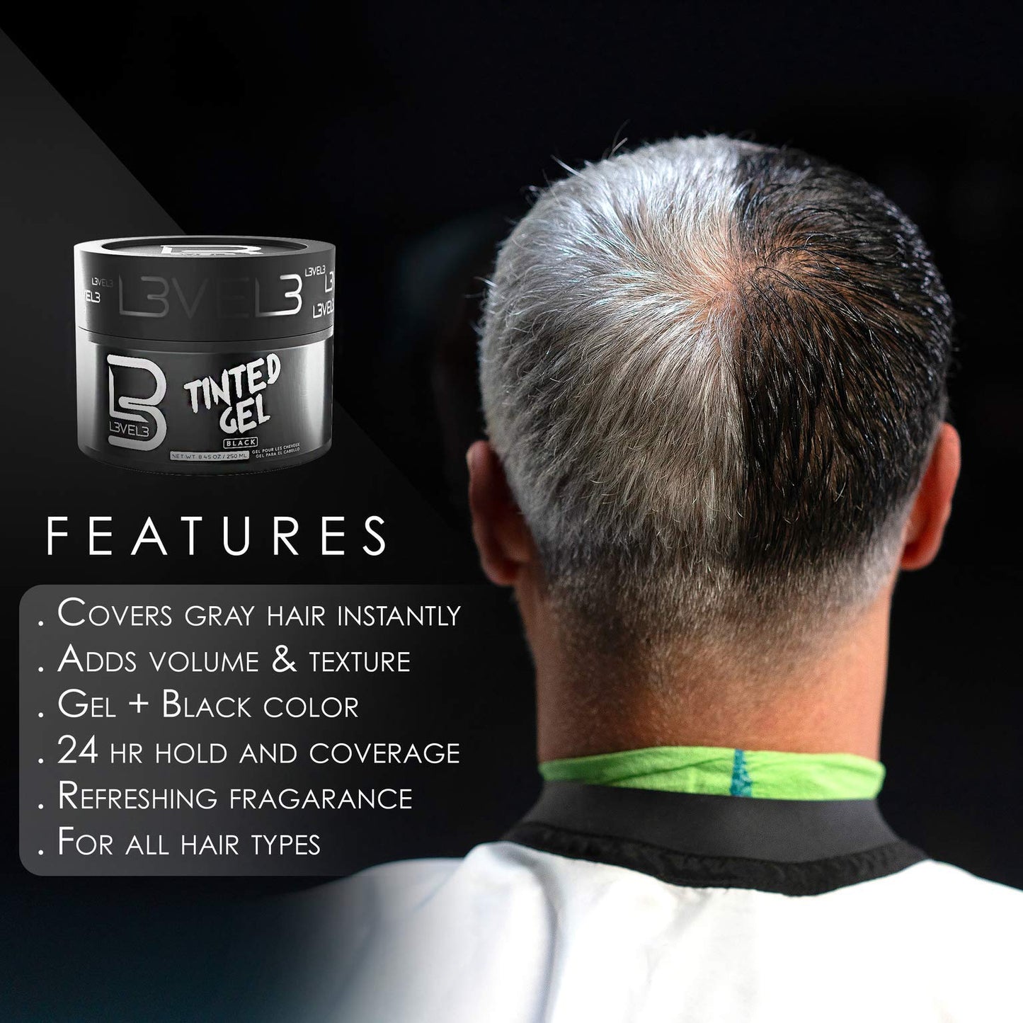 L3 Level 3 Black Tinted Hair Gel - Cover Grays Instantly & Style with Strong Hold - Temporary Color - Adds Volume, Texture & Shine - Flake-Free Beauty & Personal Care L3