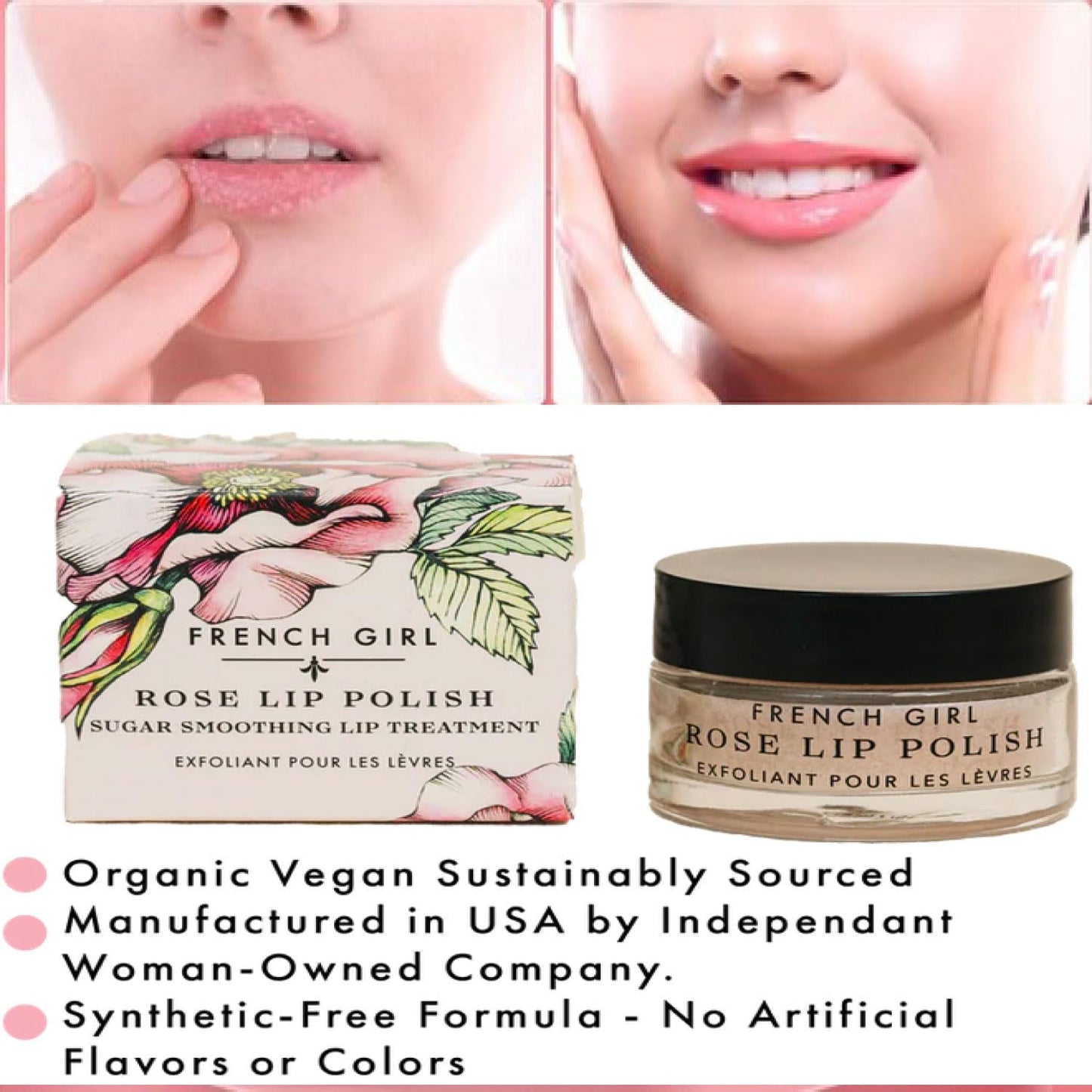 French Girl Rose Lip Scrub - Organic Sugar Scrub For Lips, Hydrating Lip Exfoliator & Moisturizer with Shea Butter & Essential Oils, Treatment for Dry Beauty & Personal Care French Girl Organics