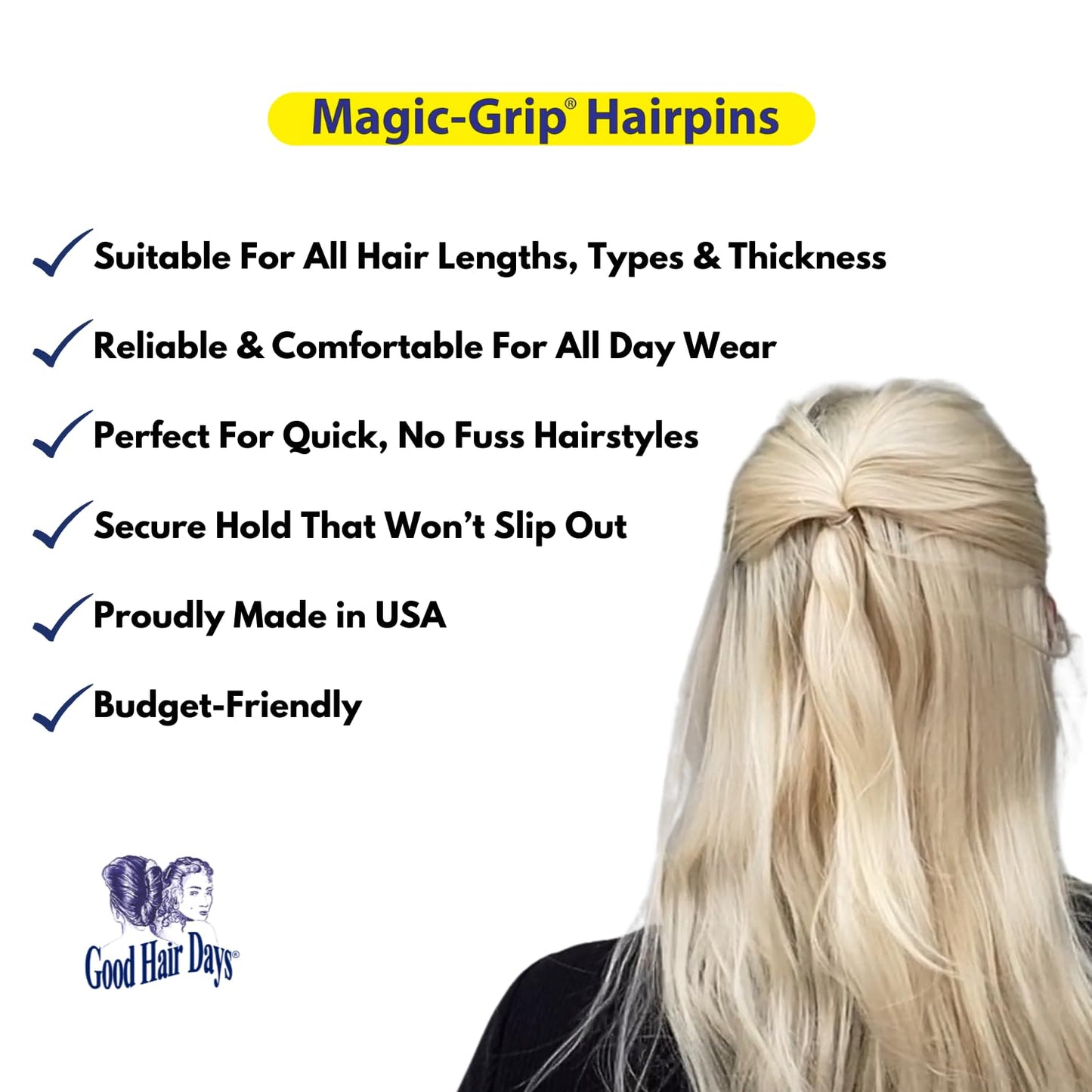 Good Hair Days Magic-Grip Hairpins - 2 1/2" U-Shaped Grip Hair Pins for Fine, Thick, Curly & Long Hair, Invisible Strong Hold Styling Accessories, Set Beauty and Personal Care Good Hair Days