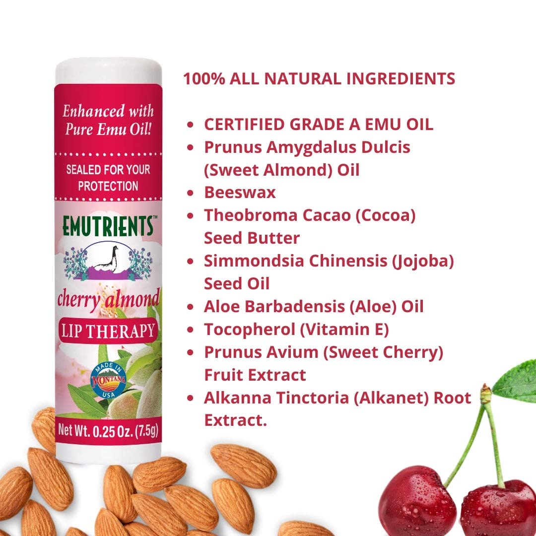 Montana Emu Ranch - Lip Therapy Lip Balm - 0.25 Ounce - Cherry Almond Flavor - 3 Pack - Made with Pure Emu Oil Beauty and Personal Care Montana Emu Ranch