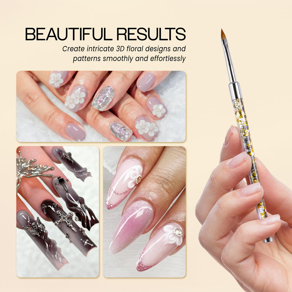 PANA 3D Kolinsky Nail Art Brush - Gold Glitter Handle, Size 4 - Acrylic Nail Art Sculpture Brush for Manicures Pedicure Salon Professional or Beginner