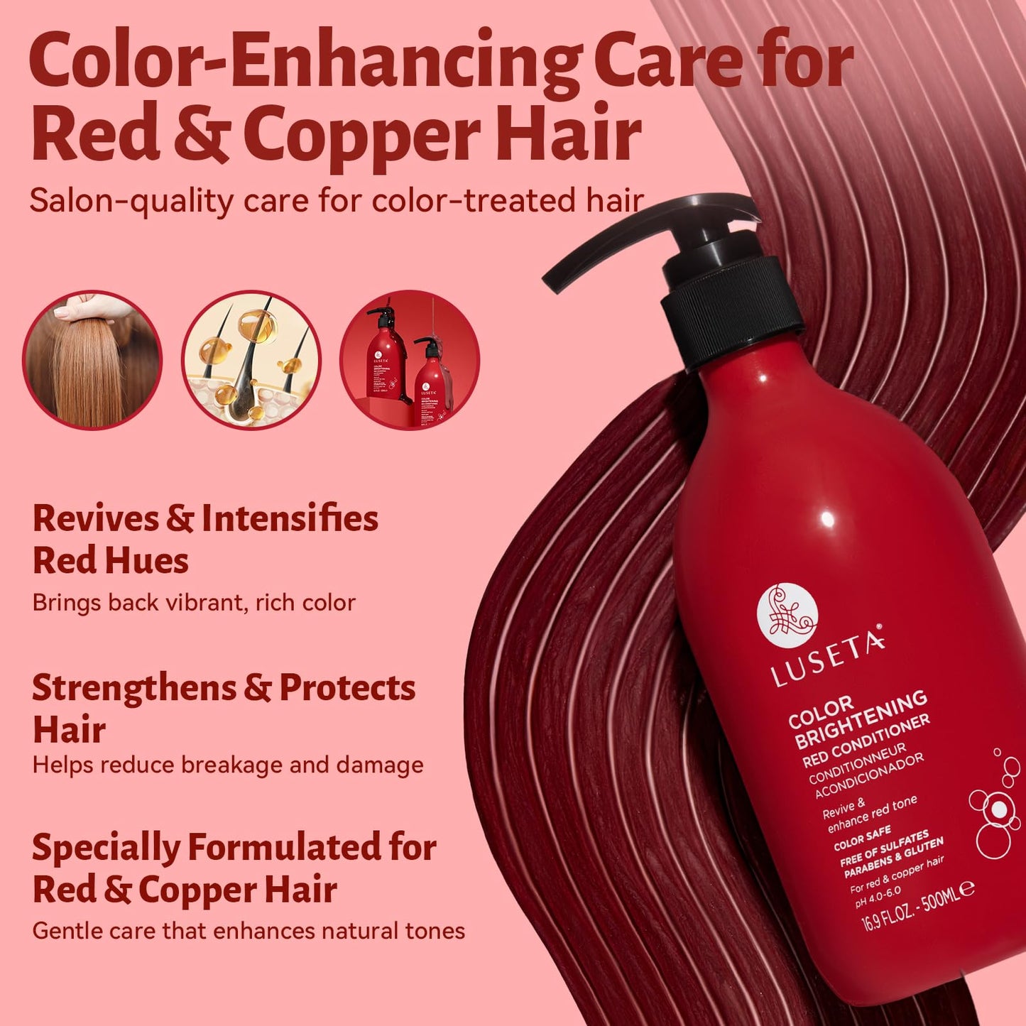 Color Treated Red Hair Shampoo and Conditioner Set with Pomegranate Extract for Copper Brightening and Strengthening, for Women and Men, 16.8oz*2 Beauty & Personal Care L LUSETA