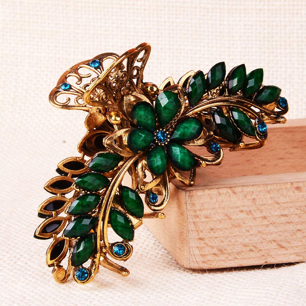 Large Metal Rhinestone Alloy Hair Claw Jaw Clip Retro Flowers Hair Clip Fancy Hair Barrette Clamp for Women and Girls Thick Hair (Green) Beauty & Personal Care Suoirblss