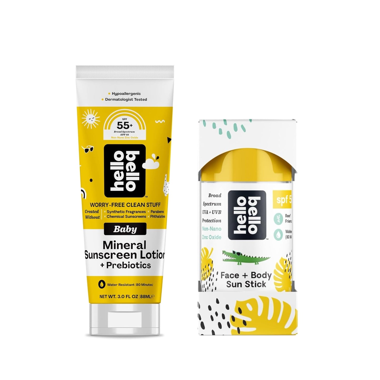 Bundle of Hello Bello Mineral Sunscreen Lotion (SPF 55+) with Prebiotics, 3 fl oz + Face & Body Sunscreen Stick (SPF 50), 1oz - Water Resistant & Reef Beauty and Personal Care Hello Bello Default Title