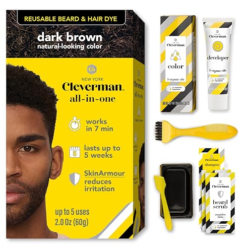 Reusable Hair & Beard Dye for Black Men - Dark Brown 3.1 | Up to 5 Uses, 7 Minutes | Natural Gray Coverage, No-Drip Cream with SkinArmour® - Cleverman Beauty & Personal Care CLEVERMAN
