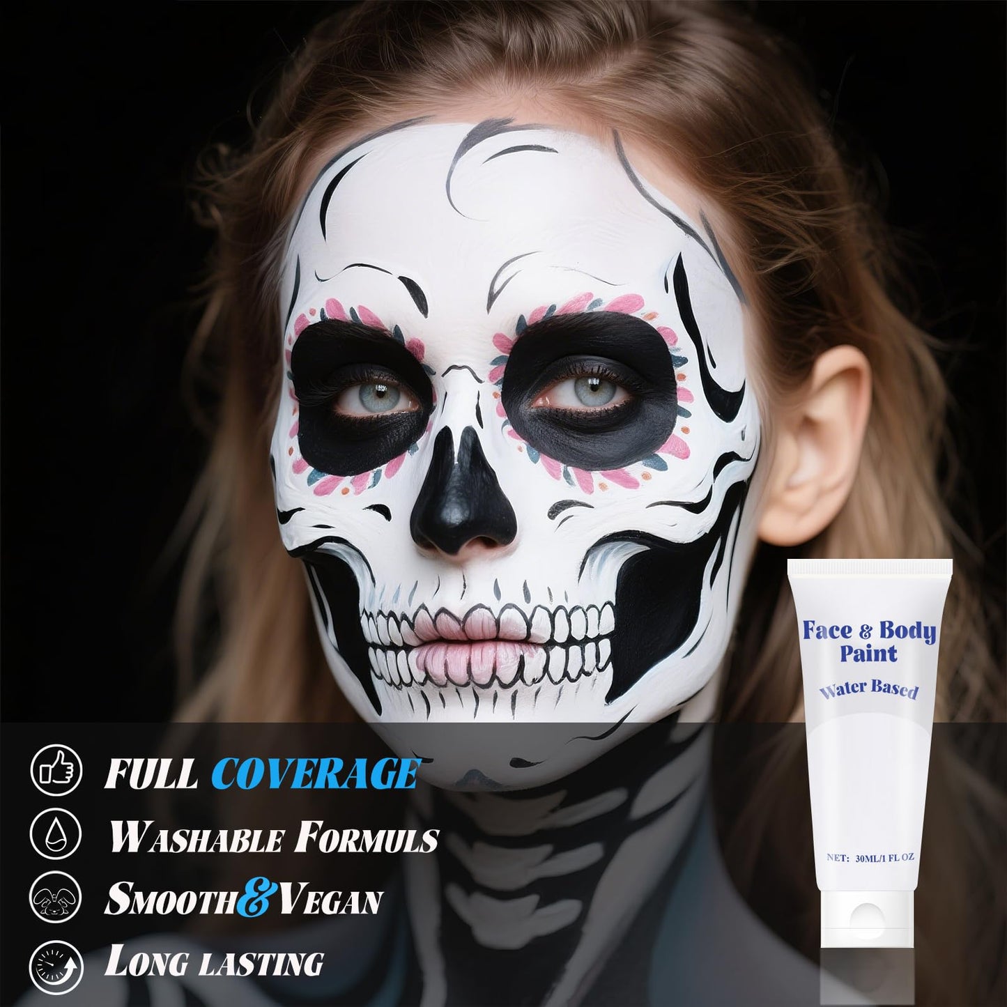 White Face Body Paint, Water Based Cream White Body Painting For Art Theater Halloween Party Cosplay Clown Skull Joker Zombie Vampire Skeleton Goth Beauty & Personal Care TUHPIBK