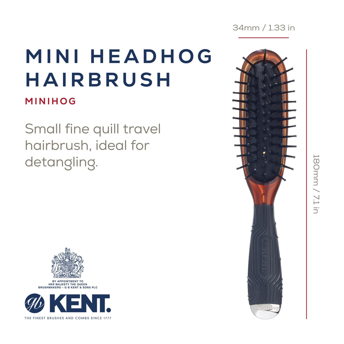Kent Minihog Detangler Brush, Anti Static Hair Brush with Rounded Nylon Bristles for All Hair Types, Travel Brush with Ergonomic Grip for Easy Styling