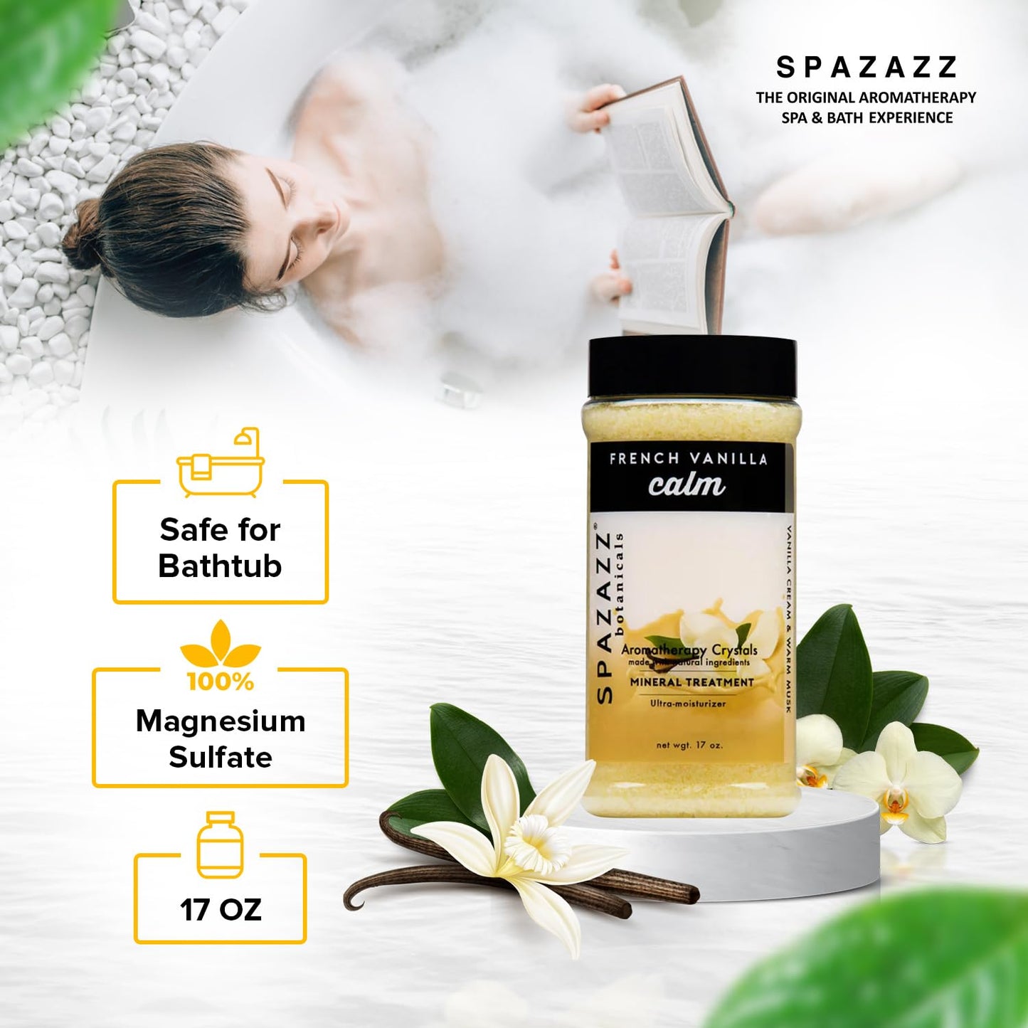 Spazazz Botanicals Aromatherapy Calm French Vanilla Spa and Bath Crystals 17 oz. Crystals and Bath Salts for Hot Tub and Bathtub Spa - Aromatherapy Beauty and Personal Care Spazazz