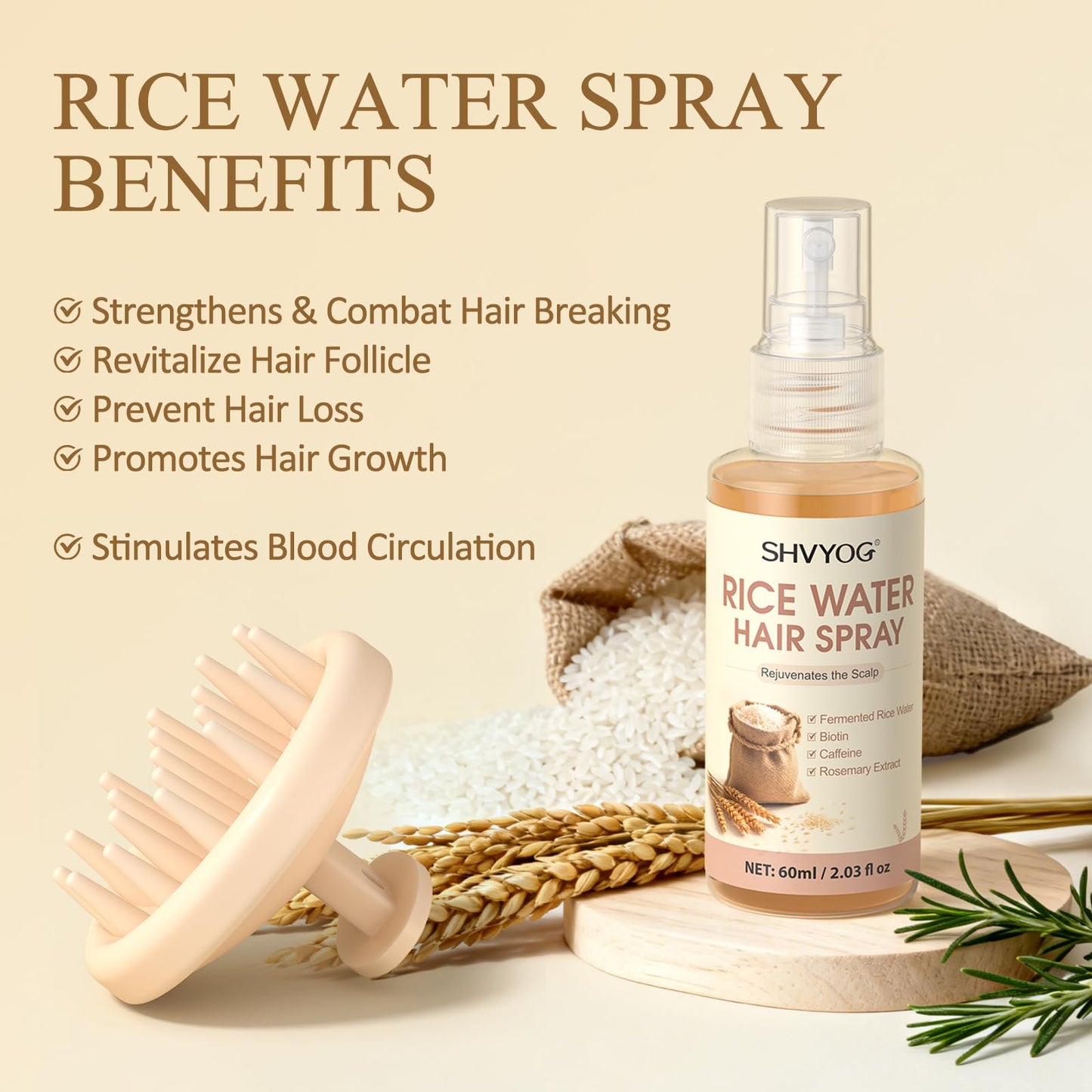 Rice Water Shampoo and Conditioner Set with Hair Growth Spray & Scalp Massager Brush, Enriched with Biotin & Caffeine, 4-in-1 Rice Water Hair Growth Beauty & Personal Care SHVYOG