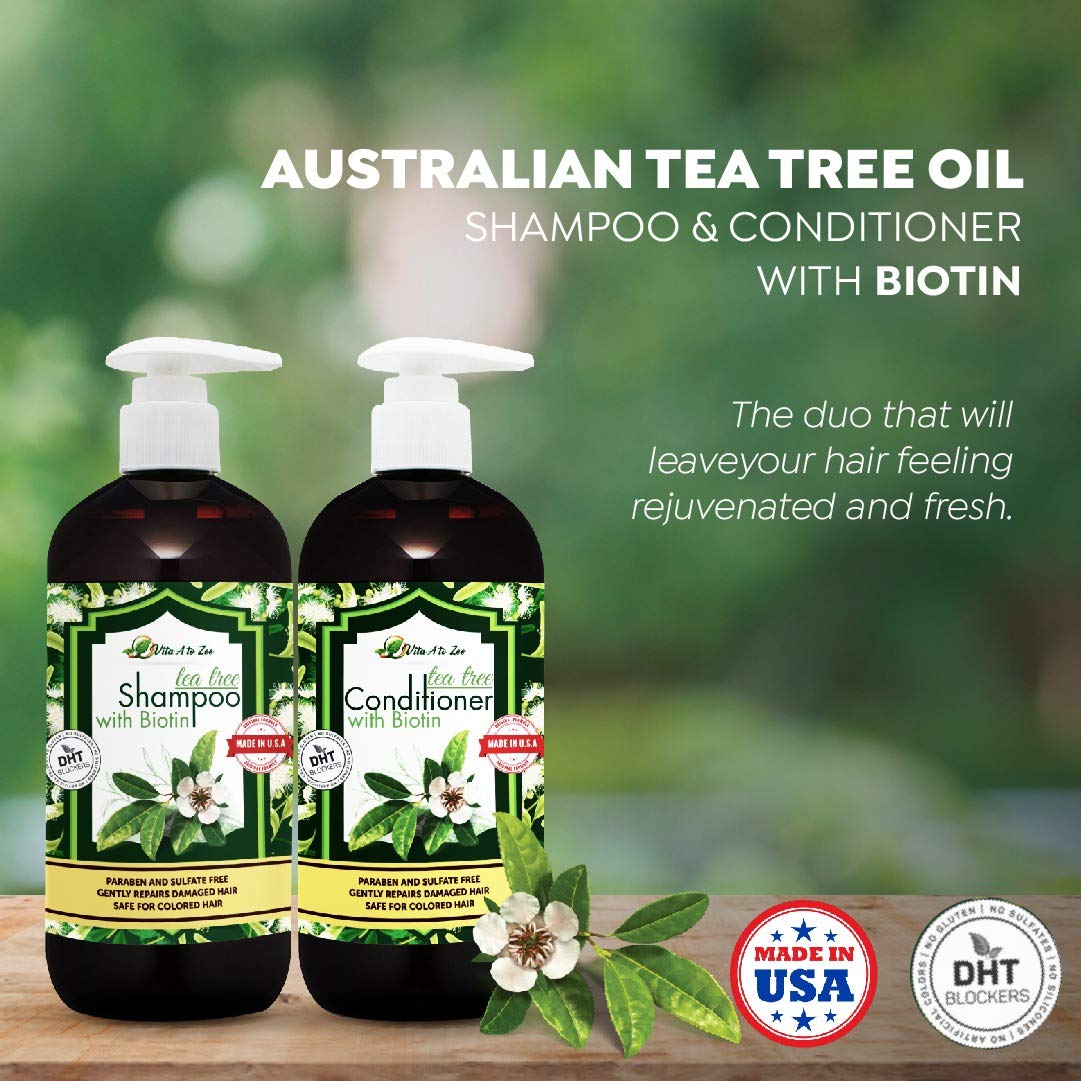 Tea Tree Oil & Biotin Shampoo & Conditioner Set for Men & Women | Professional Strength Formula | Refreshes & Stimulates Hair & Scalp | Moisturizing Beauty & Personal Care Vita A to Zee