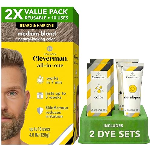 2X Reusable Hair & Beard Dye for Men - Medium Blond 8.01 | Up to 10 Uses, 7 Minutes | Natural Gray Coverage, No-Drip Cream with SkinArmour® Beauty & Personal Care CLEVERMAN