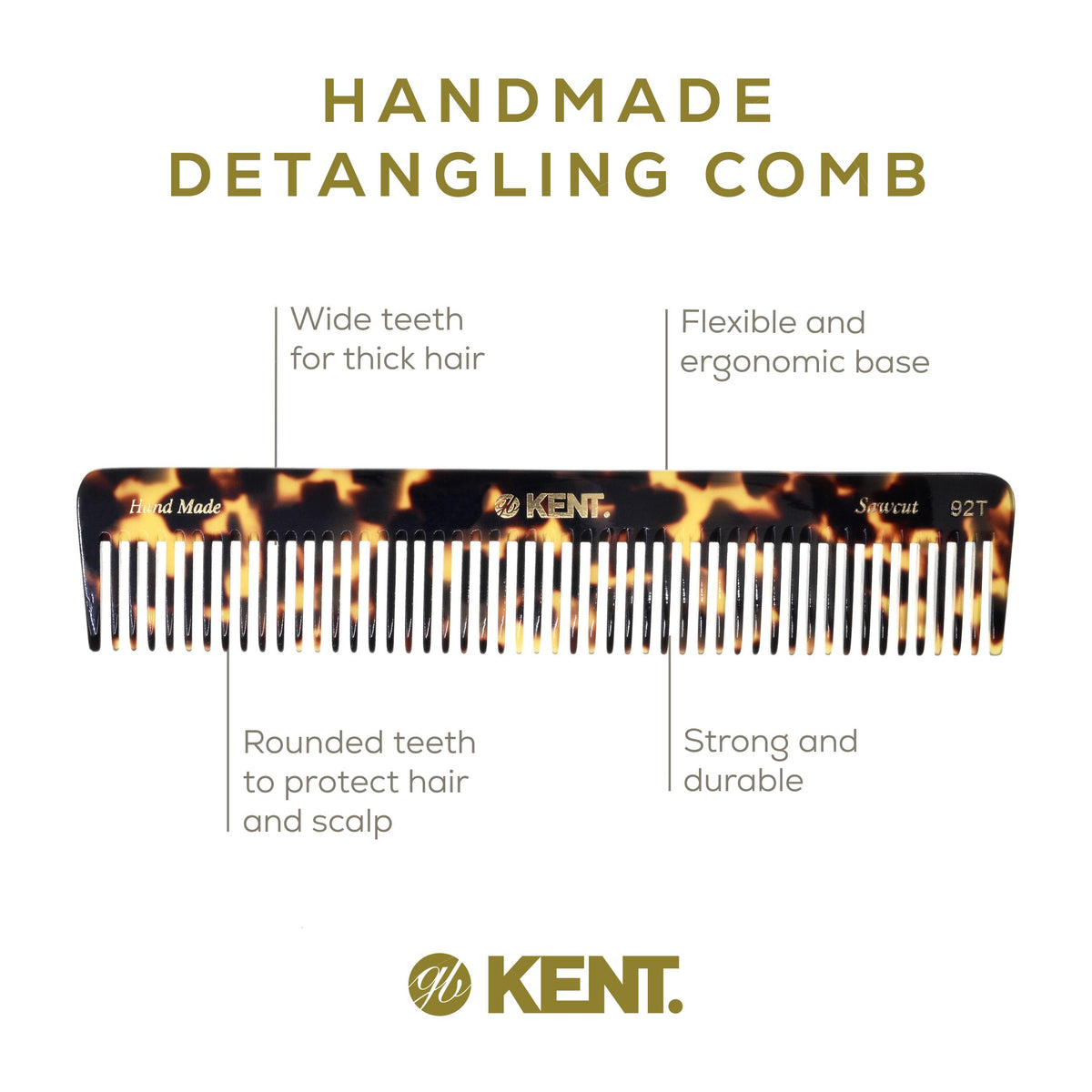 Kent 92T TY Wide Tooth Women’s Detangler Comb for Curly, Wavy, and Thick Hair - Ideal for Use on Wet Hair - Gentle, Shower Comb for - Anti-Static,
