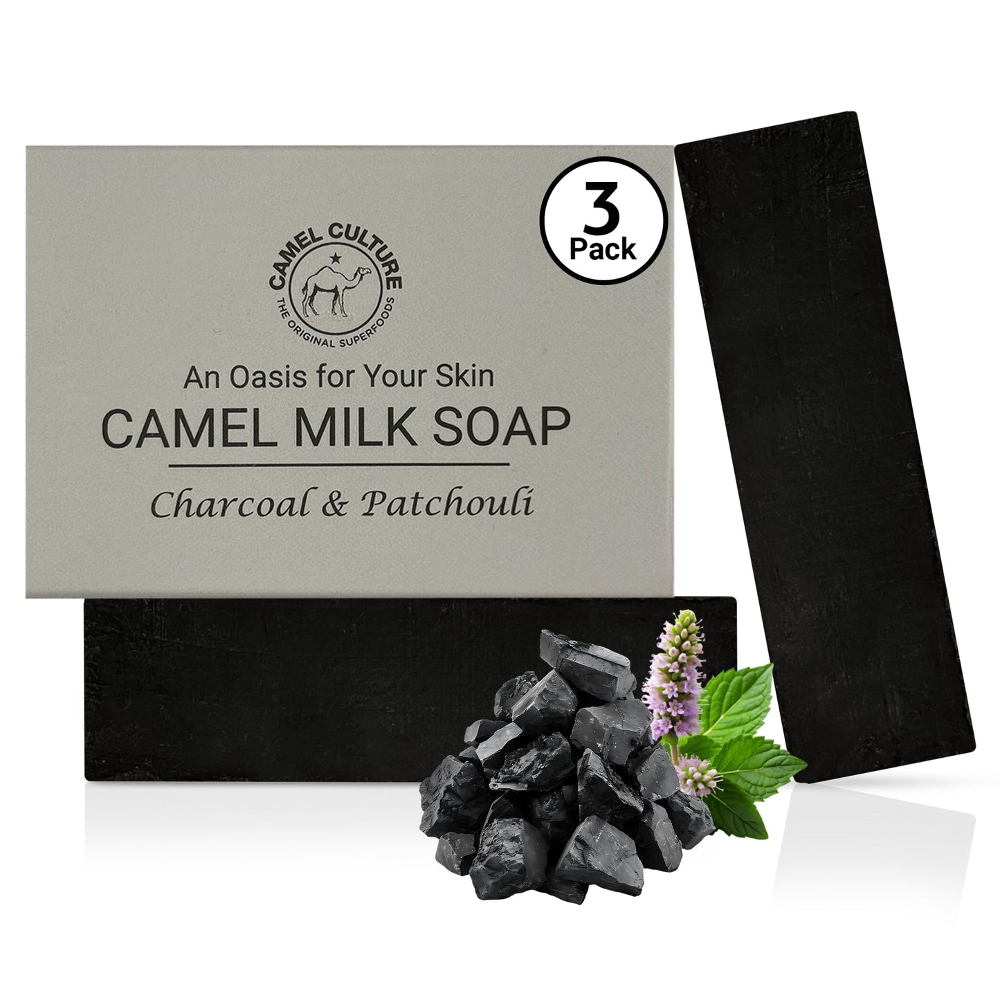 CAMEL CULTURE Charcoal and Patchouli Bar Soap (3 Pack) - Handcrafted, Exfoliating Camel Milk Soap - Nourishing, Nutrient and Vitamin Rich Men's Body Beauty & Personal Care CAMEL CULTURE
