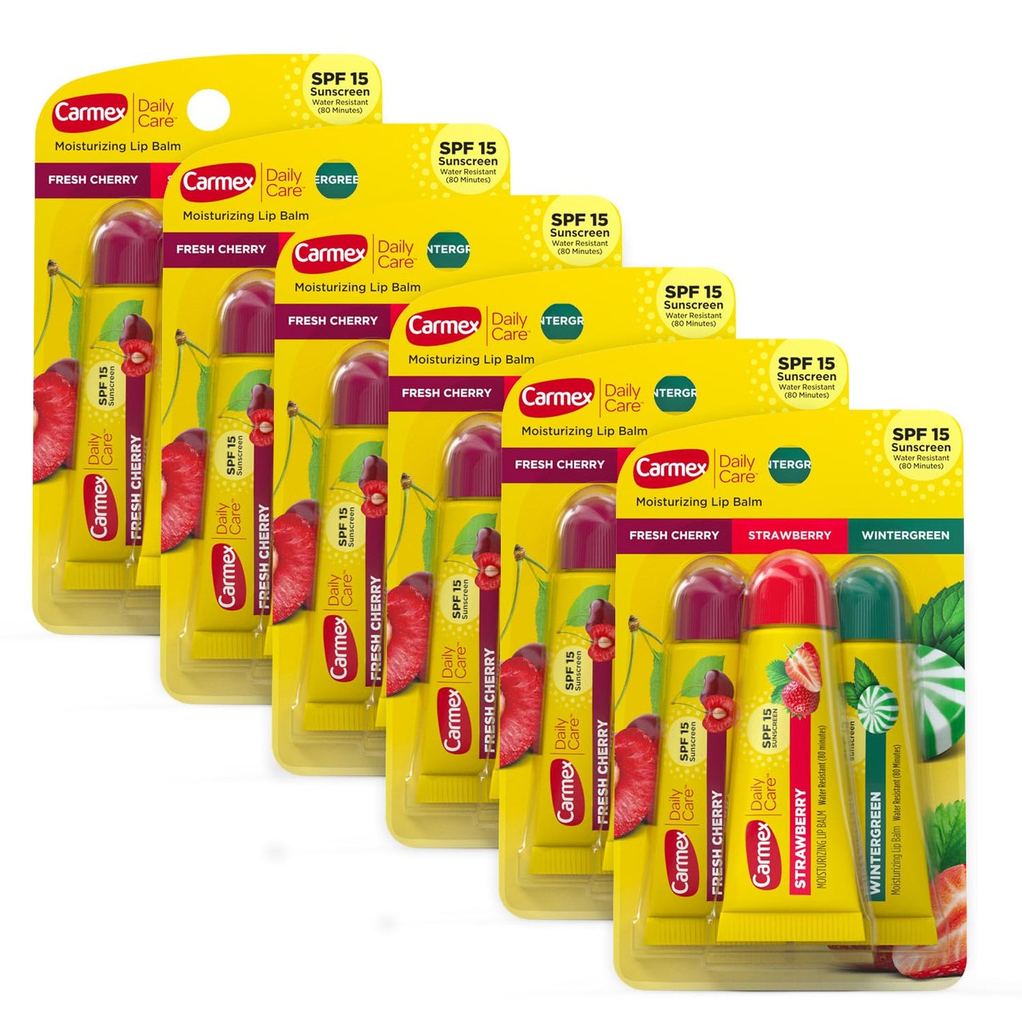 Carmex Daily Care Moisturizing Lip Balm Tubes with SPF, Fresh Cherry, Strawberry and Wintergreen Lip Balm Pack, 0.35 OZ - (6 Packs of 3) Beauty & Personal Care Carmex